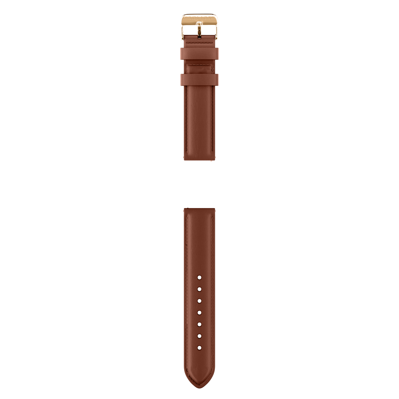 Complet view of the two parts from the brown eco vegan leather strap from Solios with the rose gold buckle