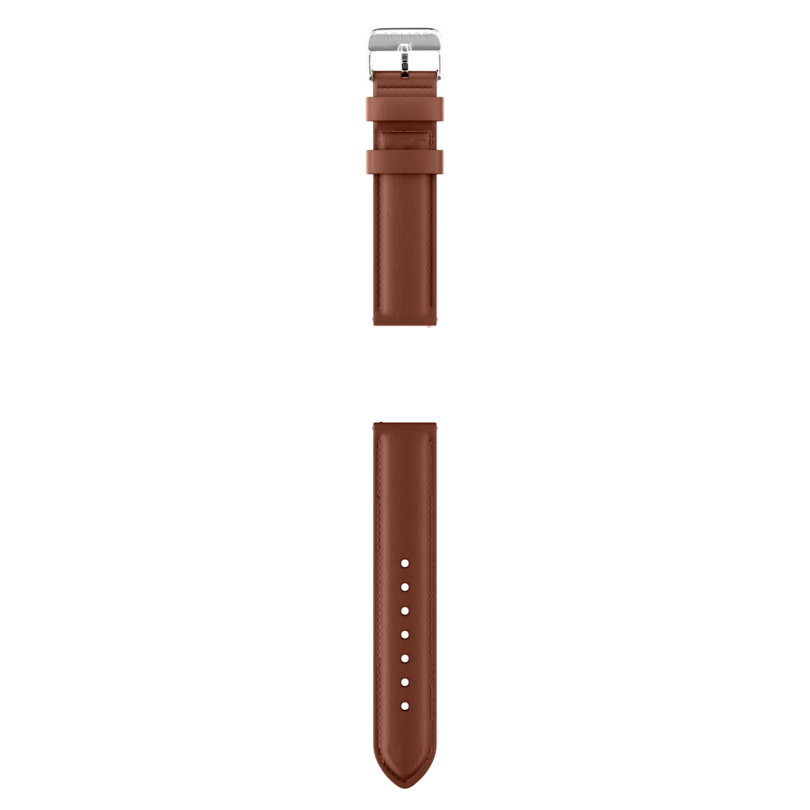 Complet view of the two parts from the brown eco vegan leather strap from Solios with the silver buckle