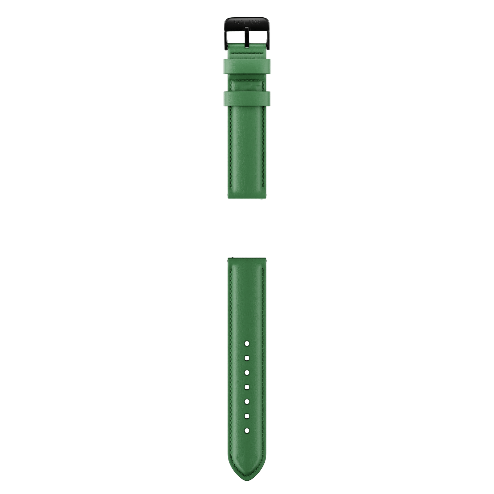 Complete view of the two parts from the green eco vegan leather strap from Solios with the black buckle