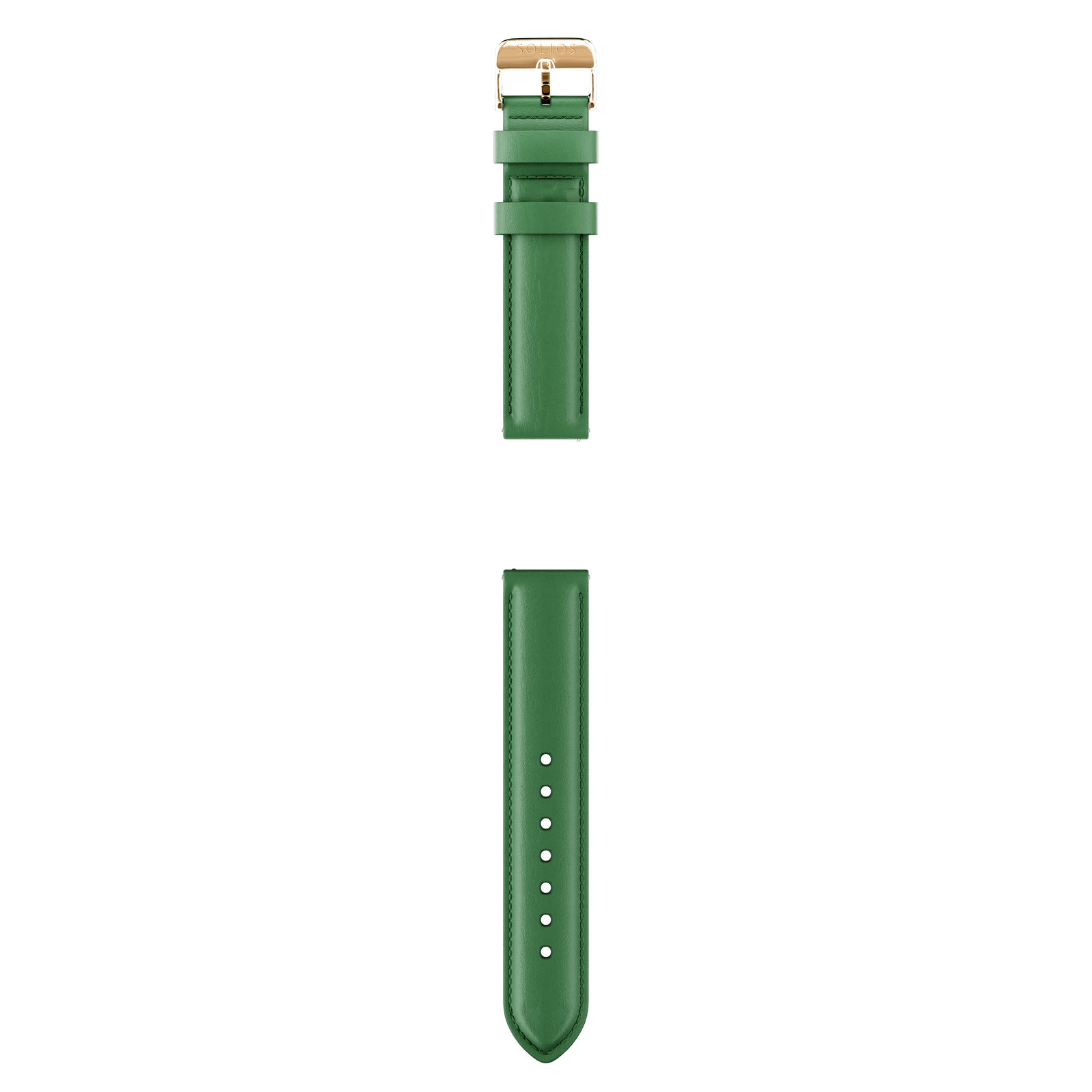 Complete view of the two parts from the green eco vegan leather strap from Solios with the rose gold buckle