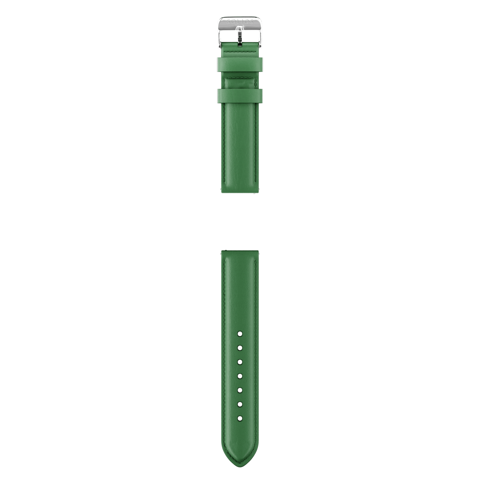Complete view of the two parts from the green eco vegan leather strap from Solios with the silver buckle