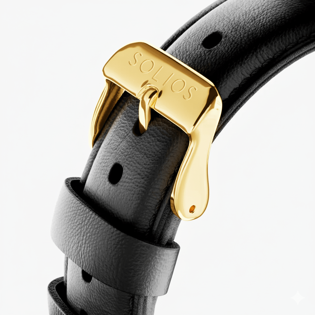 Close up view of the gold buckle on the black eco vegan leather strap from Solios