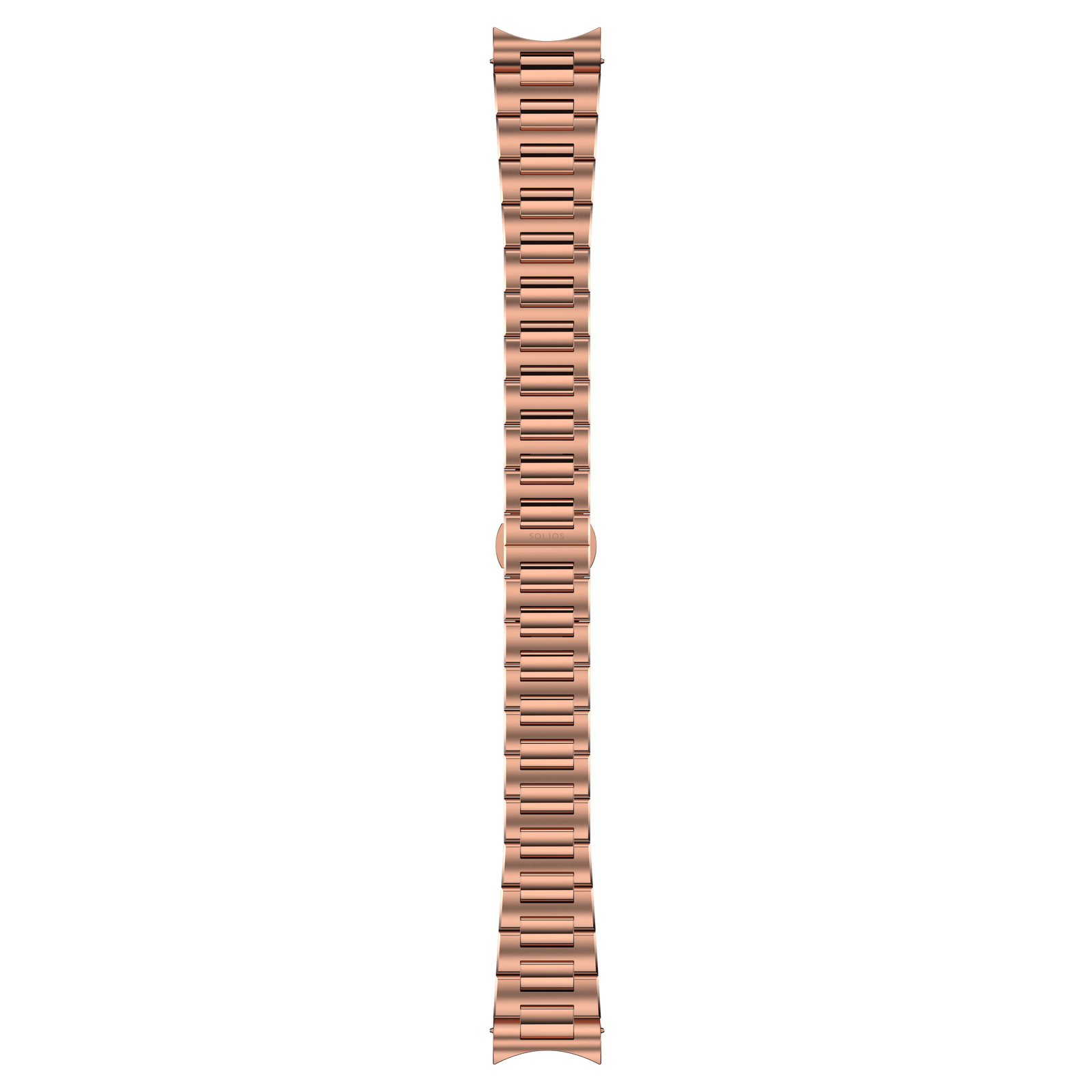 Front view of metal bracelet from Solios watches with butterfly buckle, in rose gold