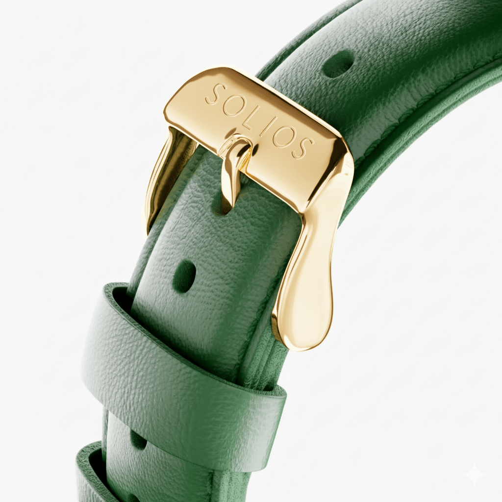Close up of the green eco vegan leather strap with the gold buckle from Solios