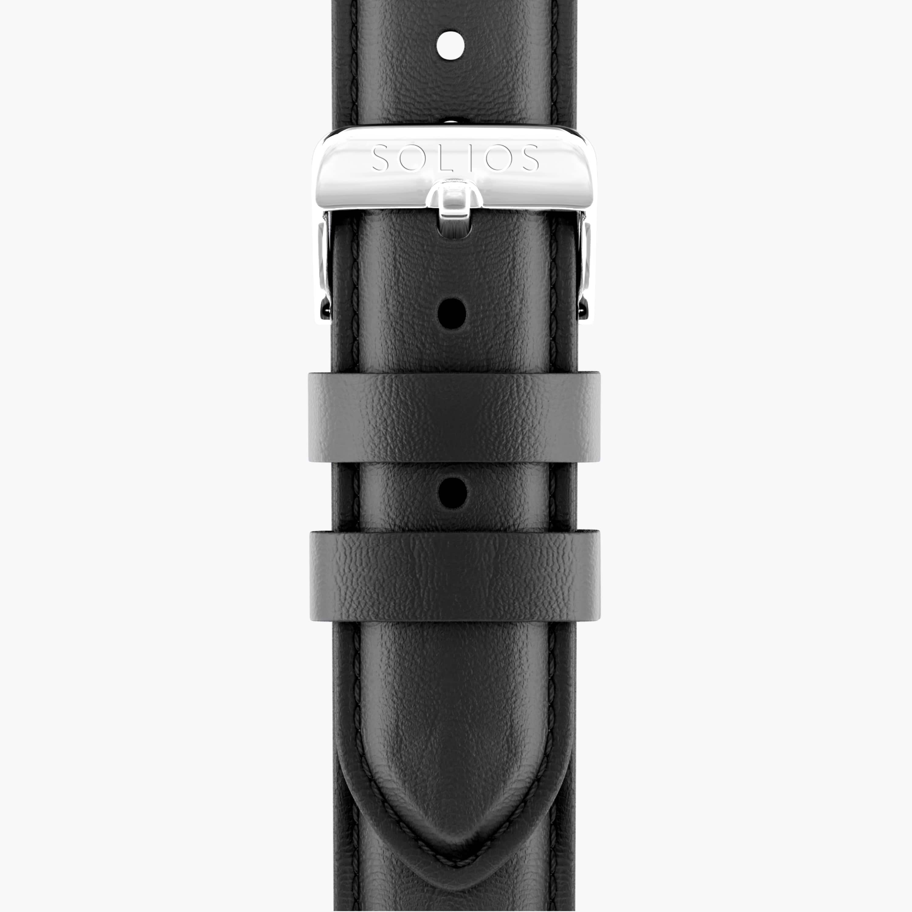 Close up front view of the silver buckle on the black eco vegan leather strap from Solios