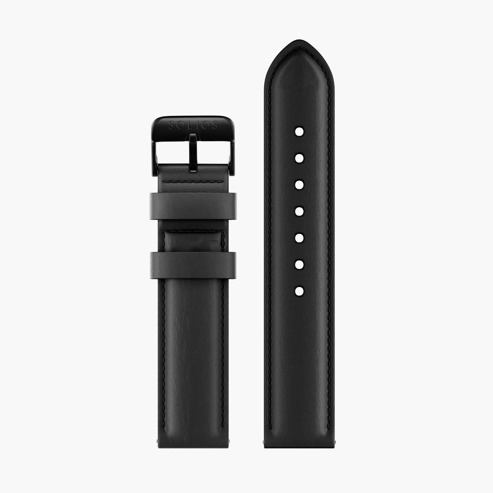 Front view of the black buckle on the black vegan leather strap from Solios