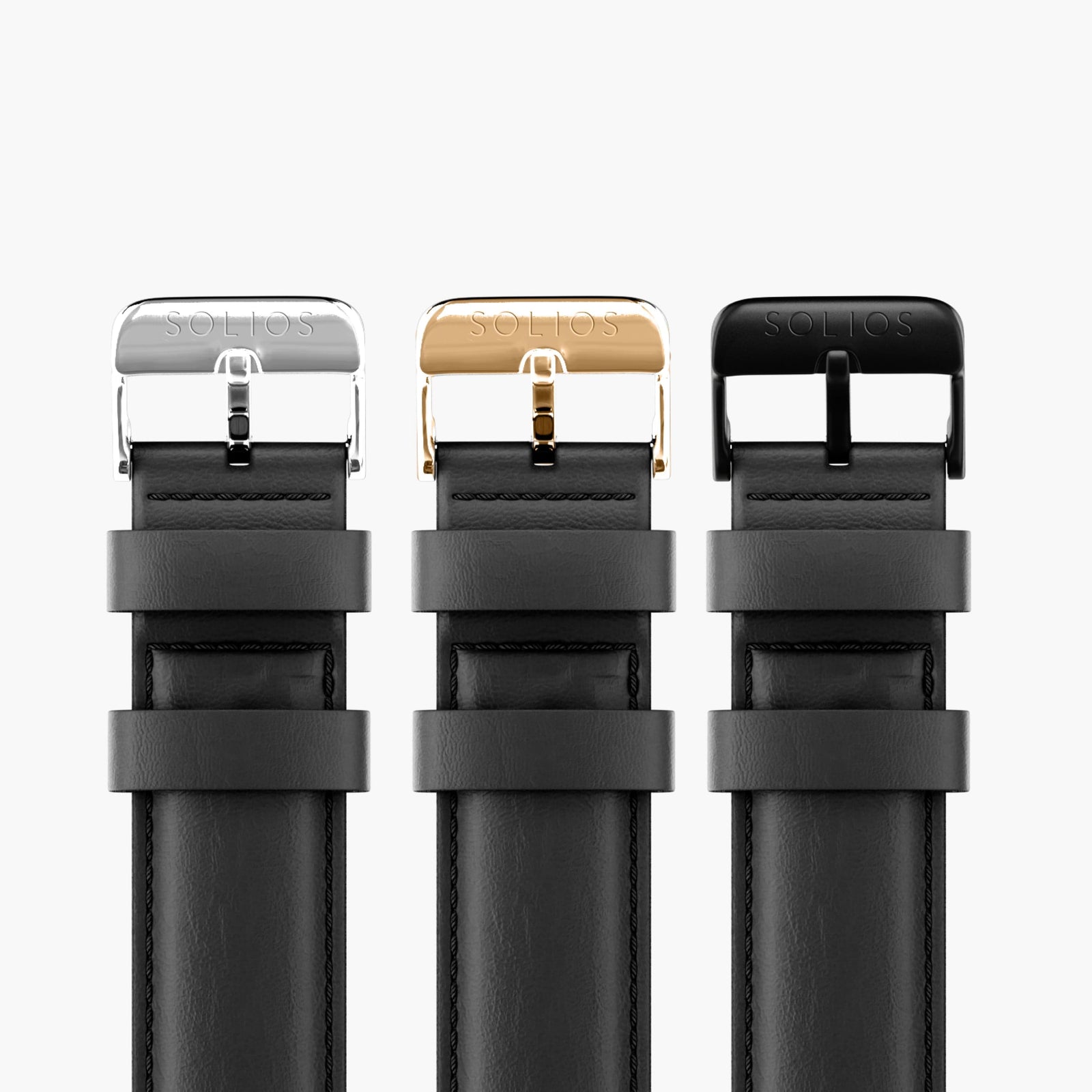 The three buckles, rose gold, silver, and black, on the black eco vegan leather strap from Solios.
