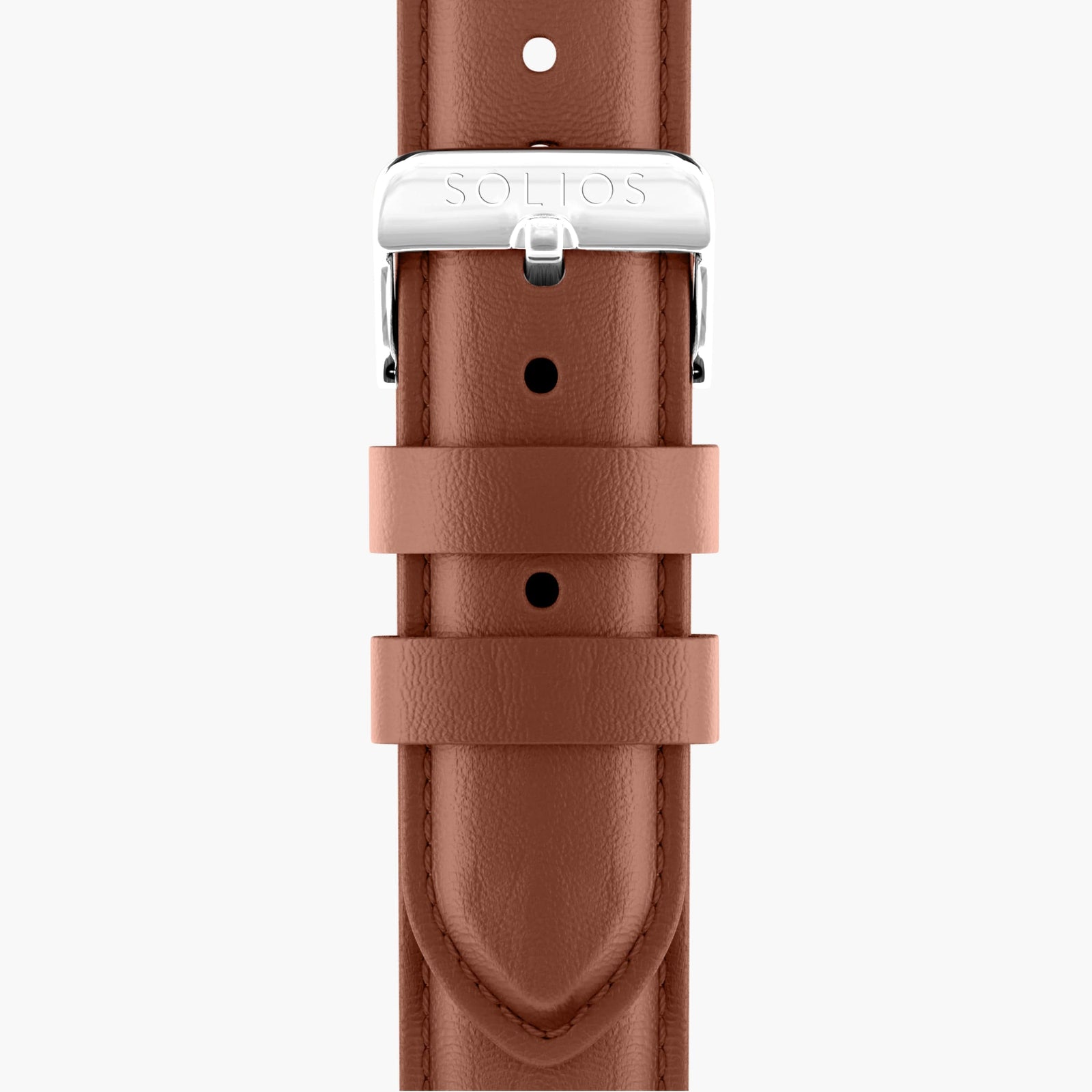 Close front view of the brown eco vegan leather strap from Solios with a silver buckle