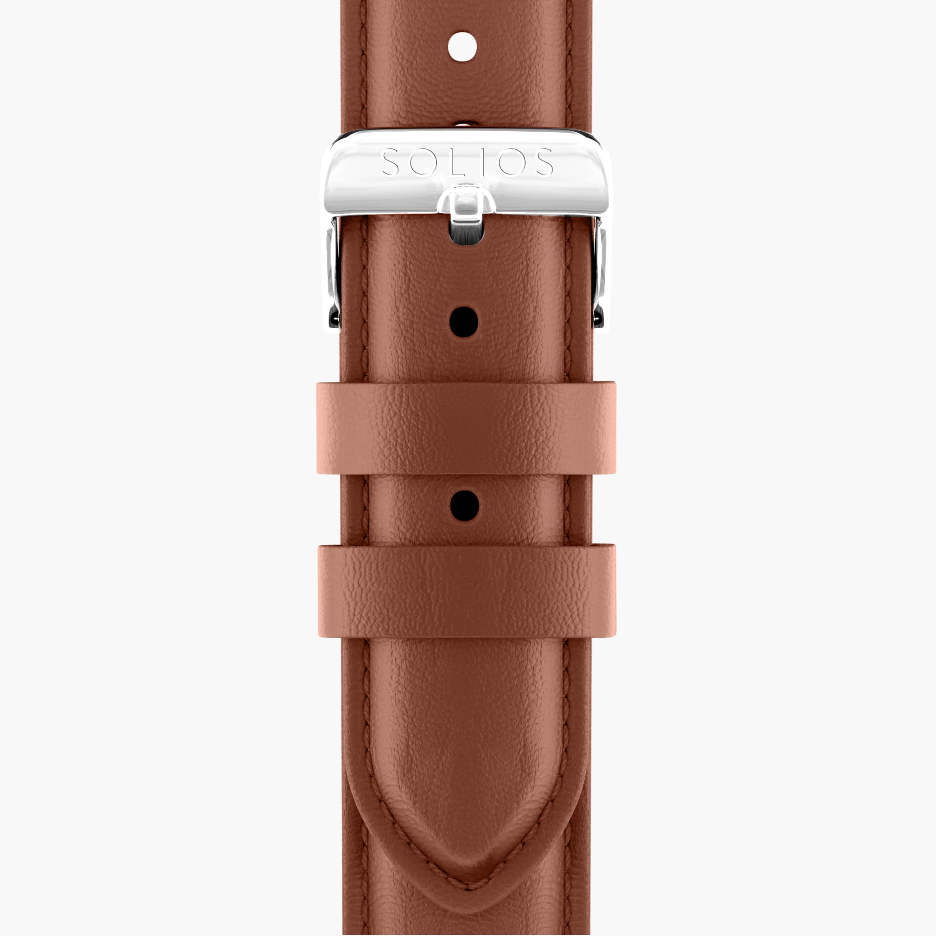 Close front view of the brown eco vegan leather strap from Solios with a silver buckle