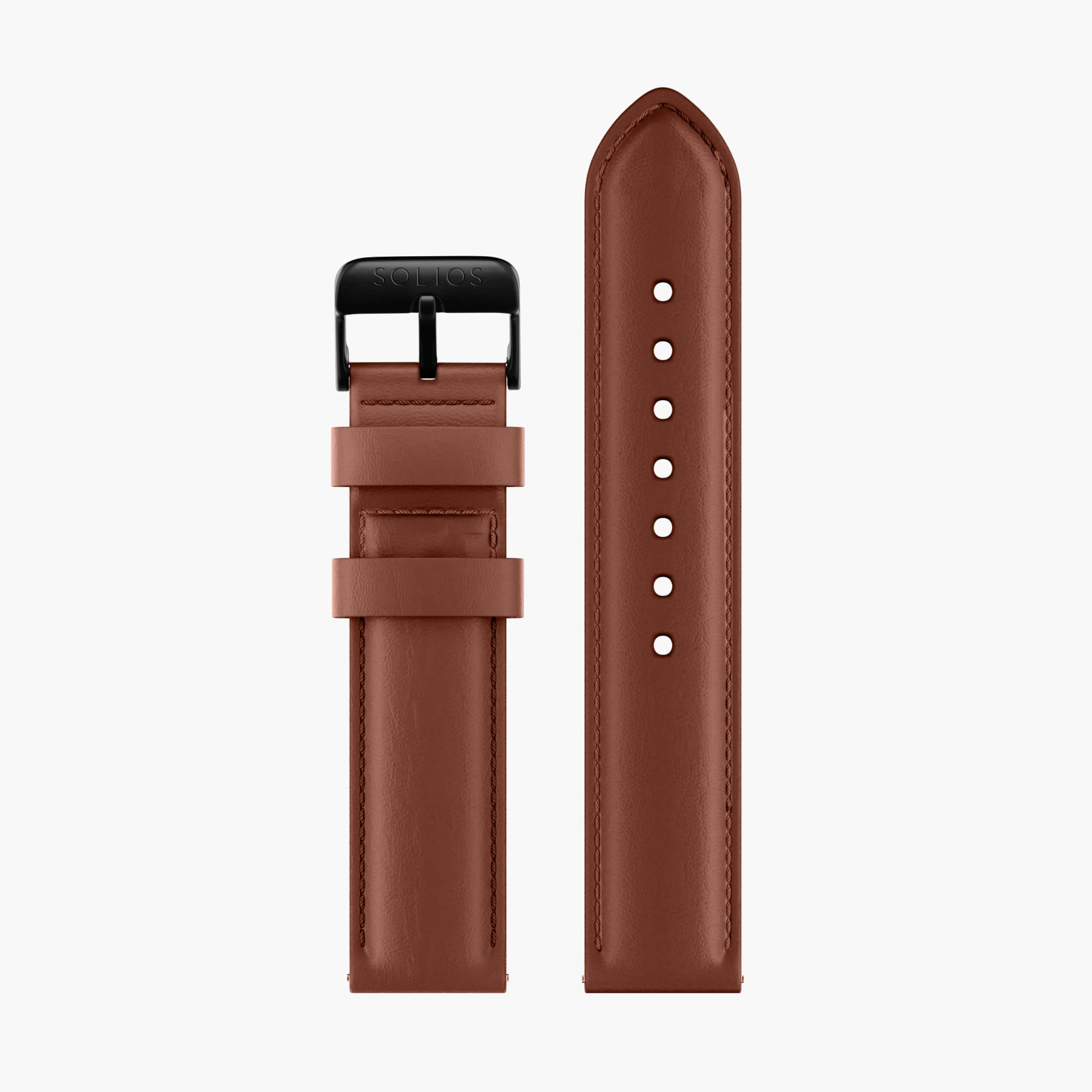 View of the two parts of the brown eco vegan leather strap from with the black buckle
