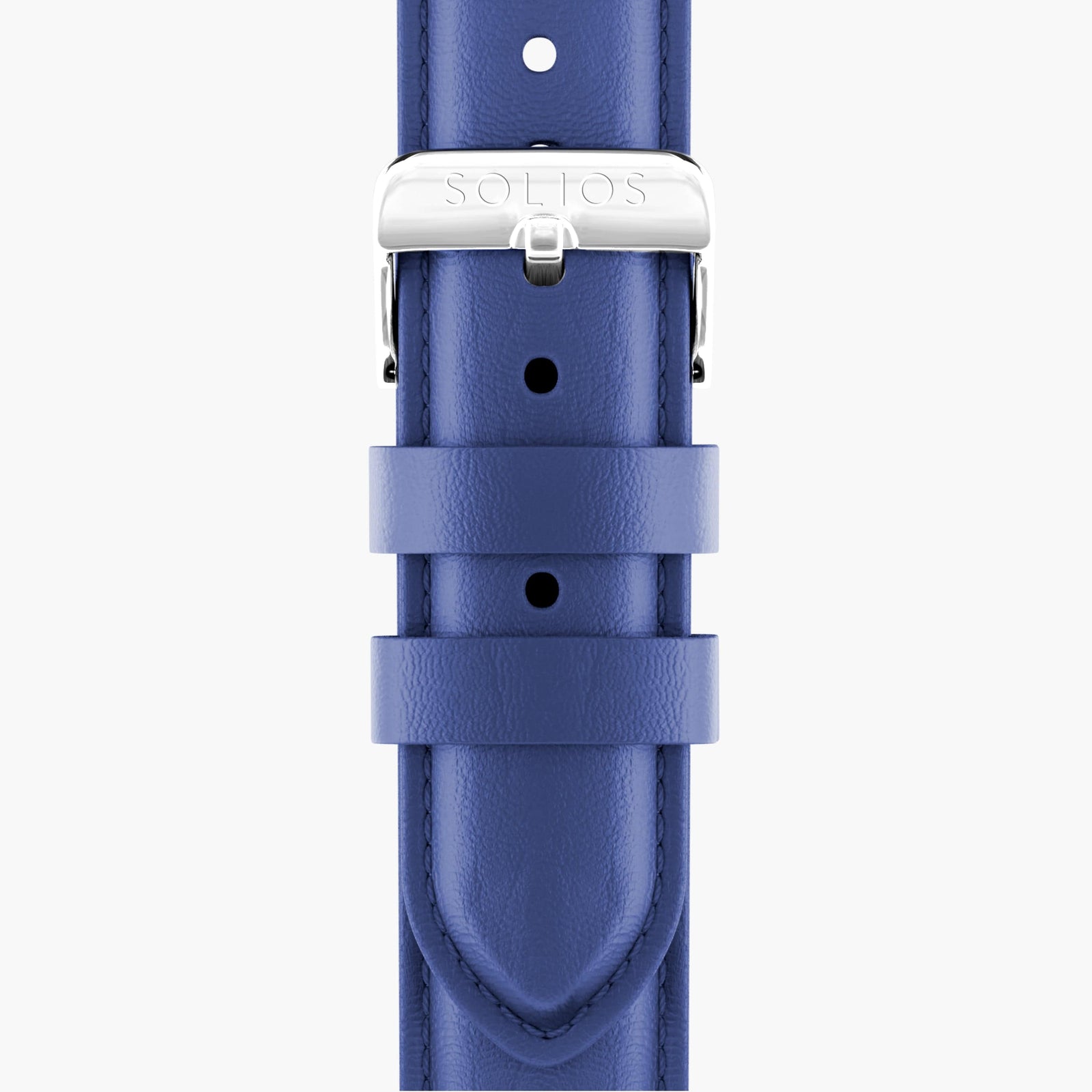 Close front view of the blue eco vegan leather strap from Solios with a silver buckle
