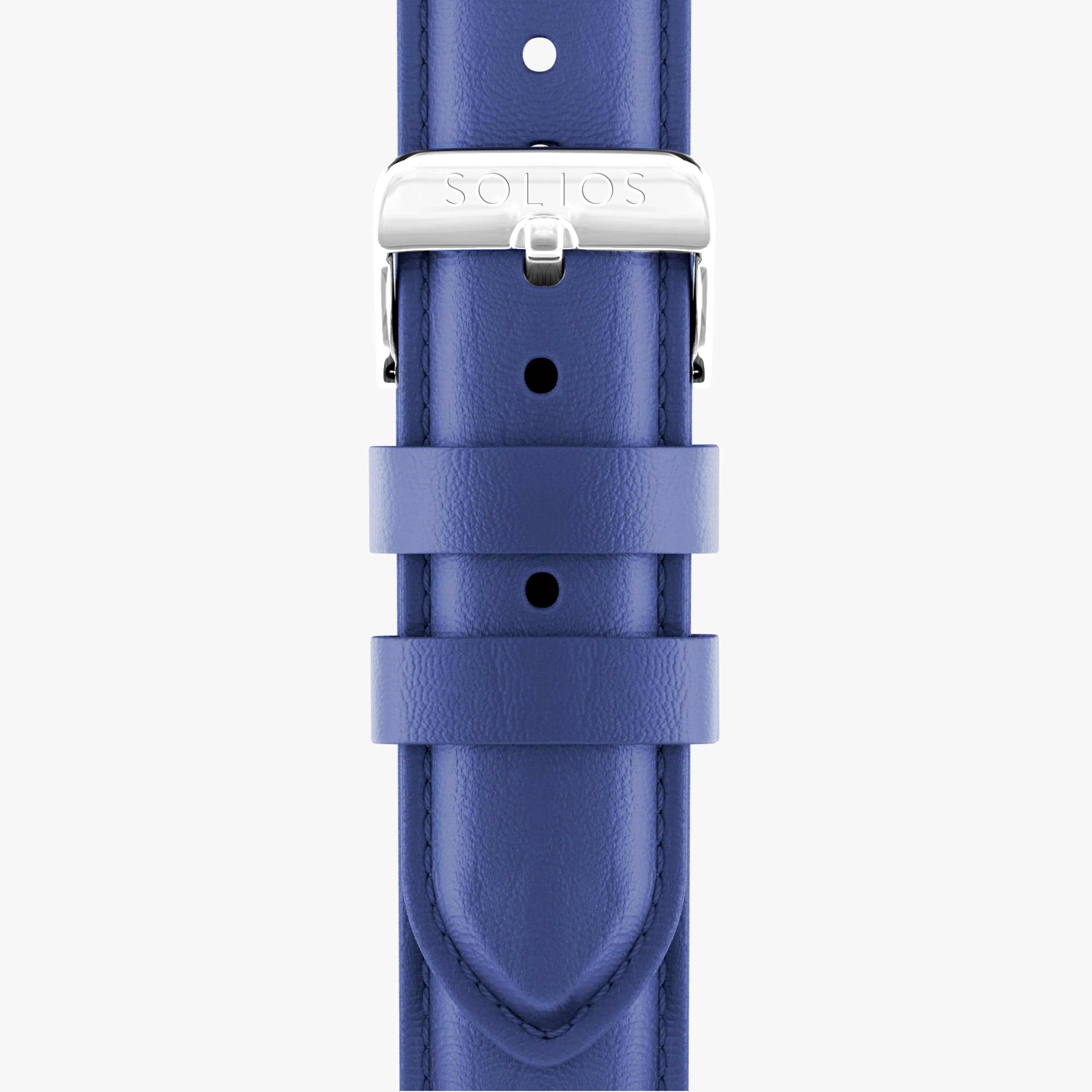 Close front view of the blue eco vegan leather strap from Solios with a silver buckle