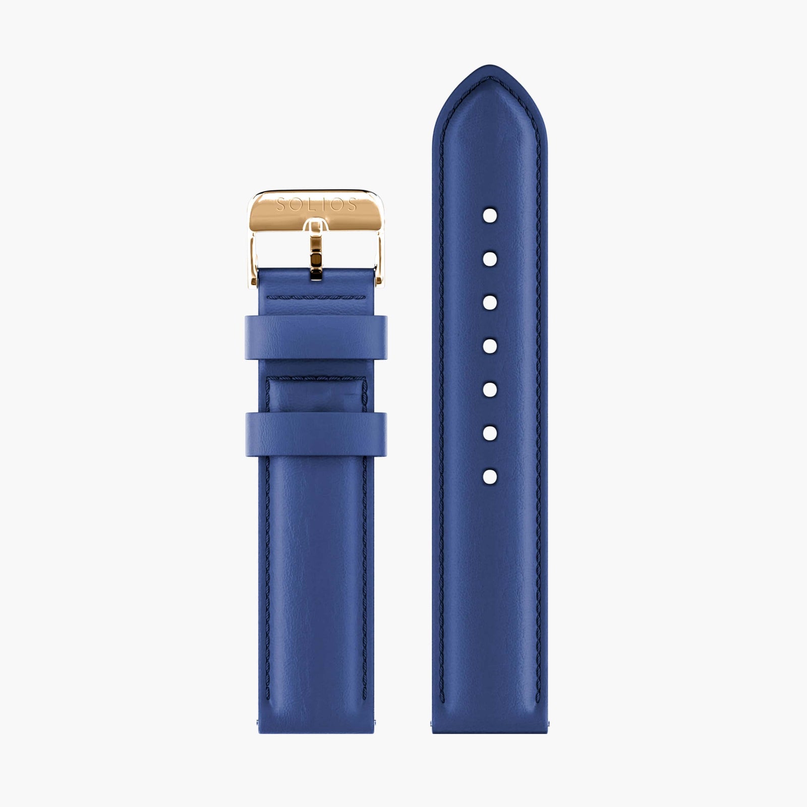 Close view of the two parts of the blue eco vegan leather strap from Solios with a rose gold buckle