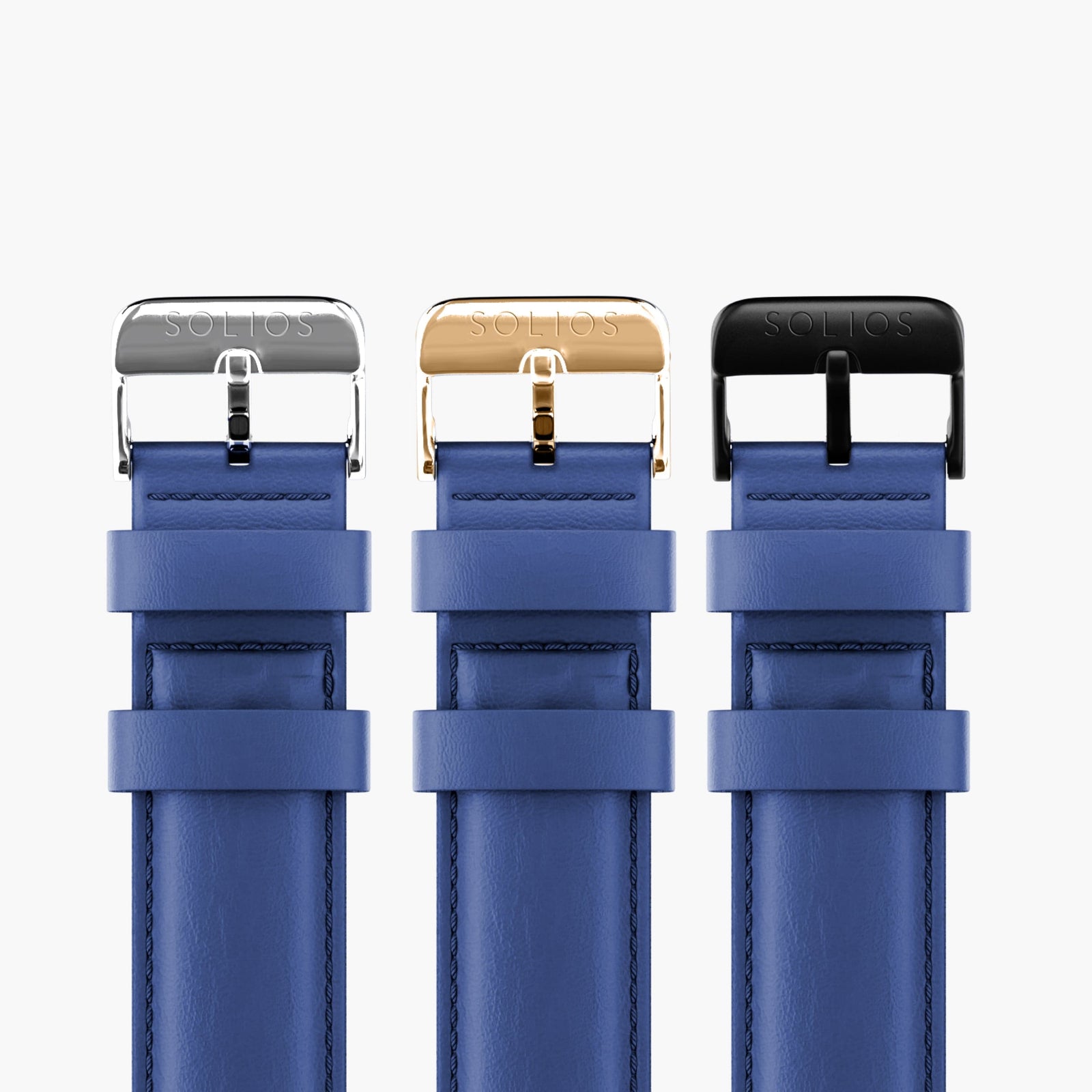Three buckles, silver, rose gold and black on the blue eco vegan leather strap from Solios
