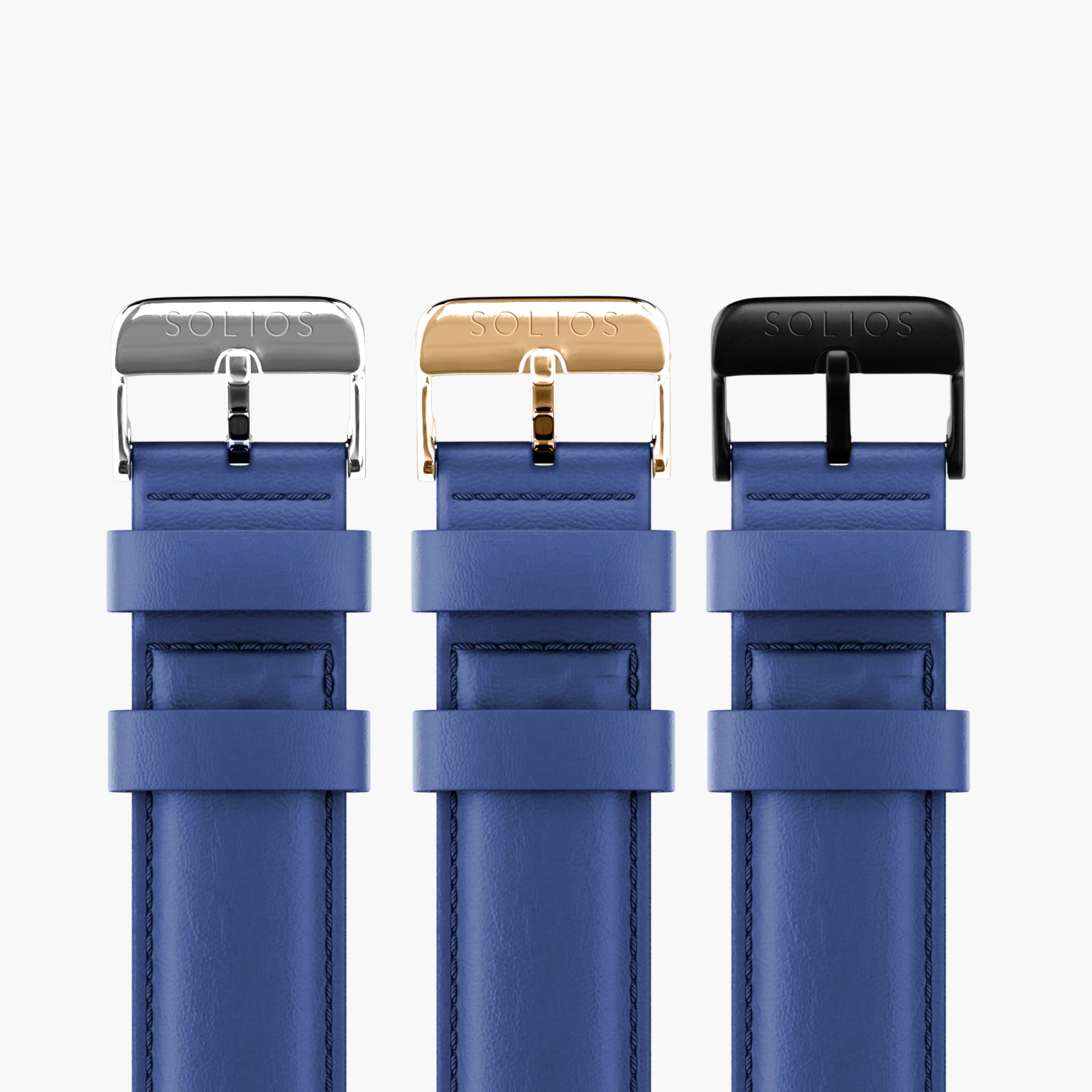 Three buckles, silver, rose gold and black on the blue eco vegan leather strap from Solios