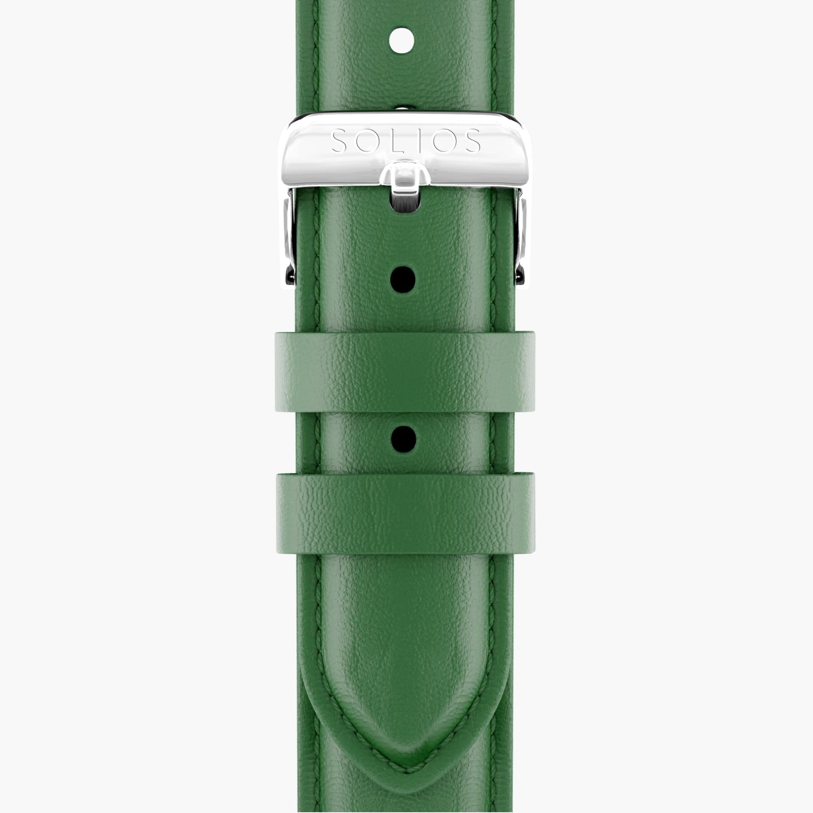 Close up front view of the silver buckle on the green eco vegan leather strap from Solios