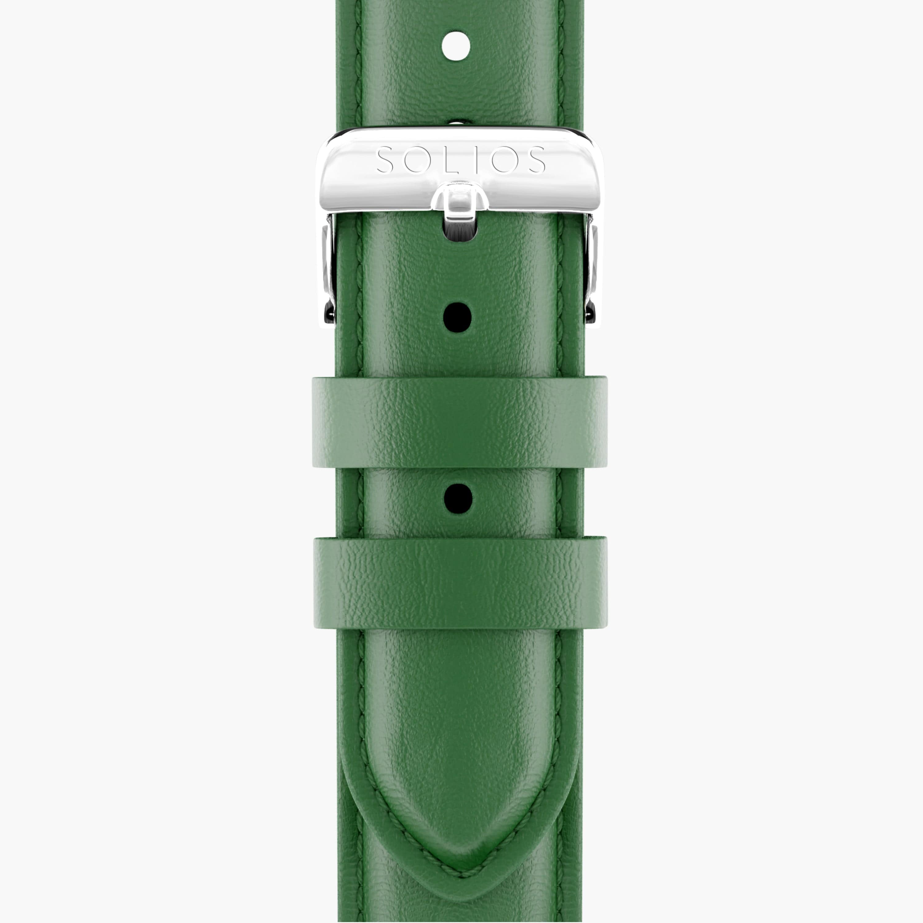 Close up front view of the silver buckle on the green eco vegan leather strap from Solios