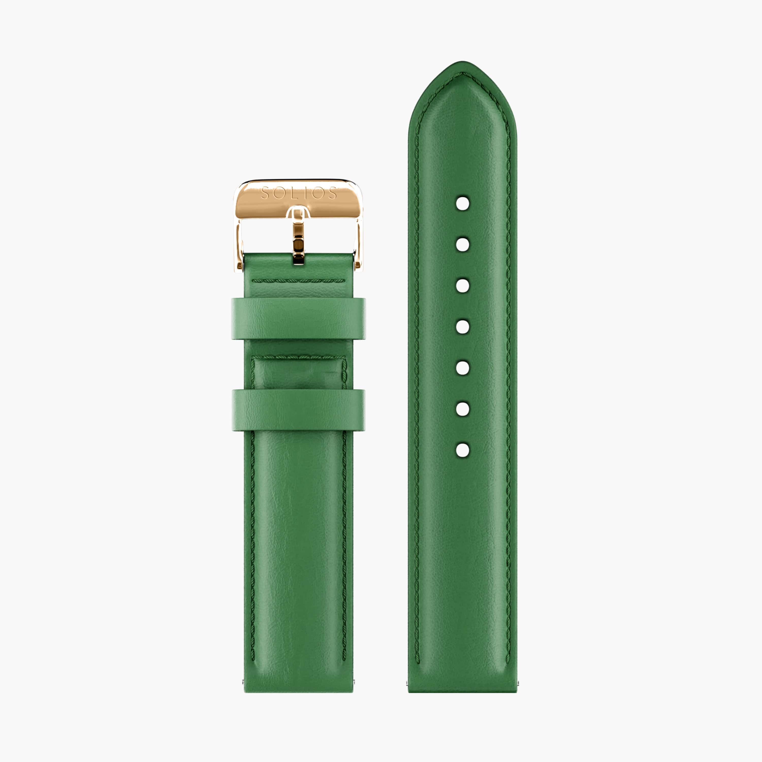 Two parts of the green eco vegan leather strap with the rose gold buckle