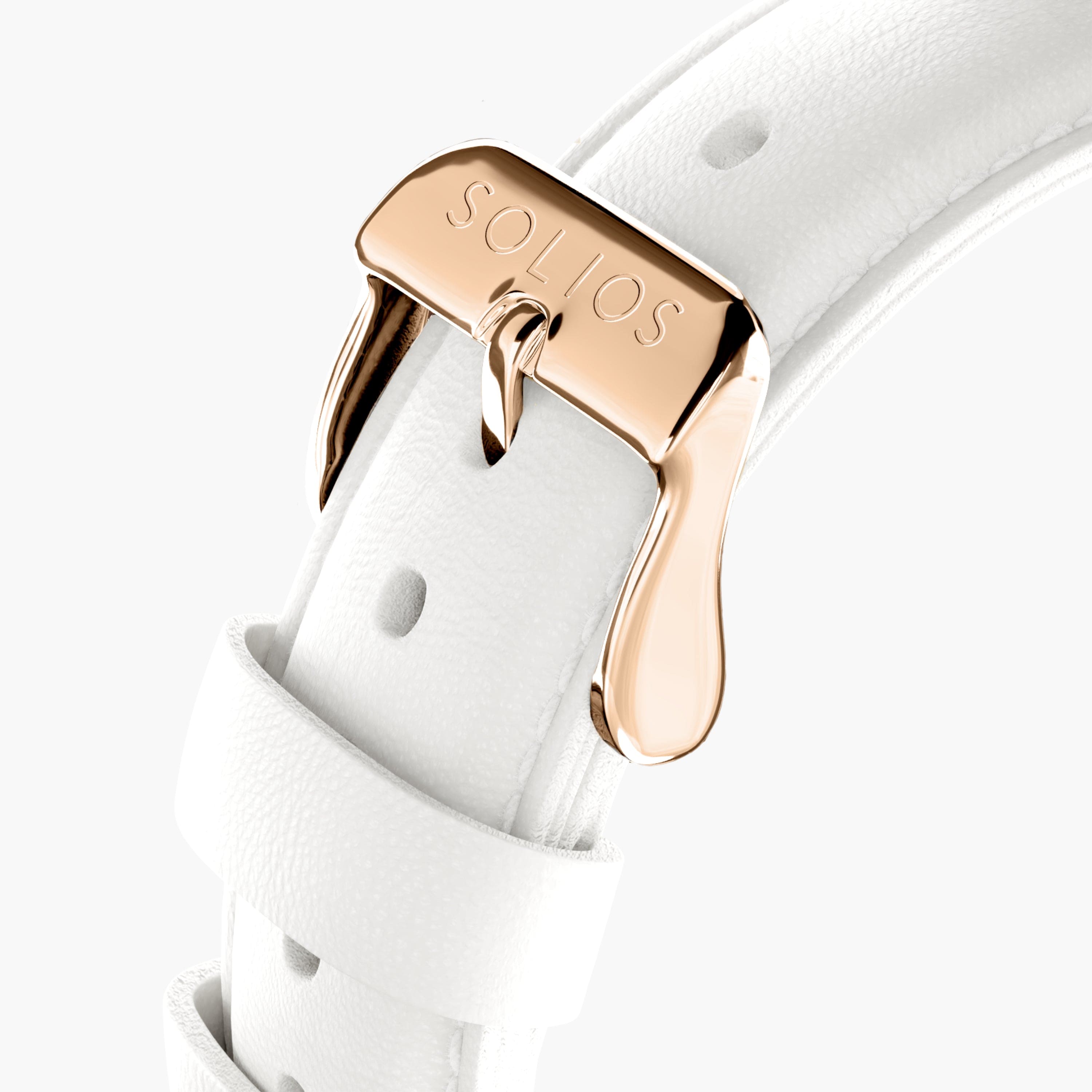 Close up view of the white eco vegan leather strap from Solios, with a Rose Gold Buckle