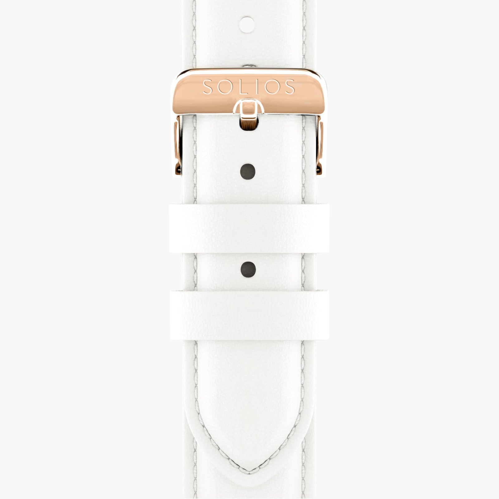Front View of the rose gold buckle from the white eco vegan leather strap from Solios