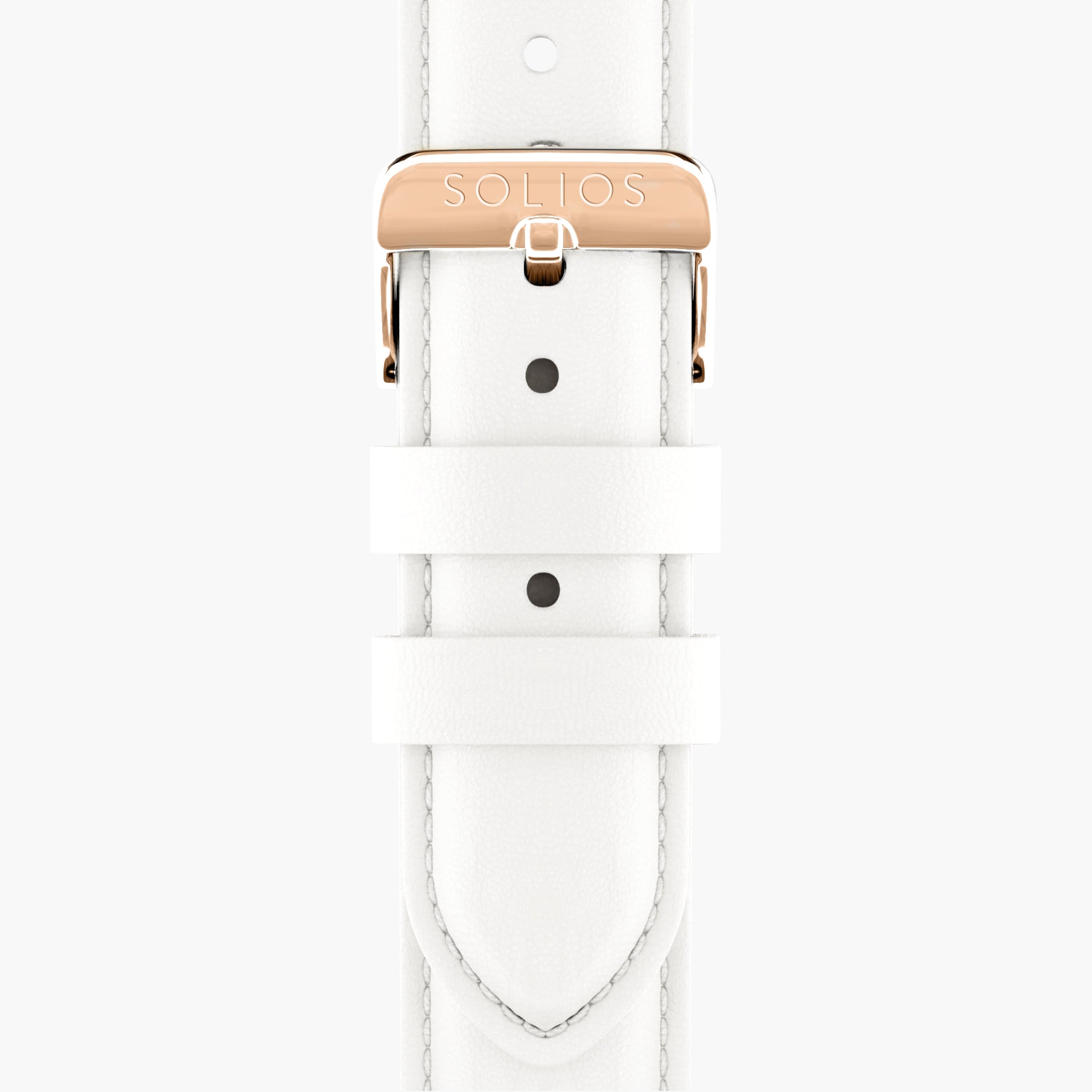 Front View of the rose gold buckle from the white eco vegan leather strap from Solios