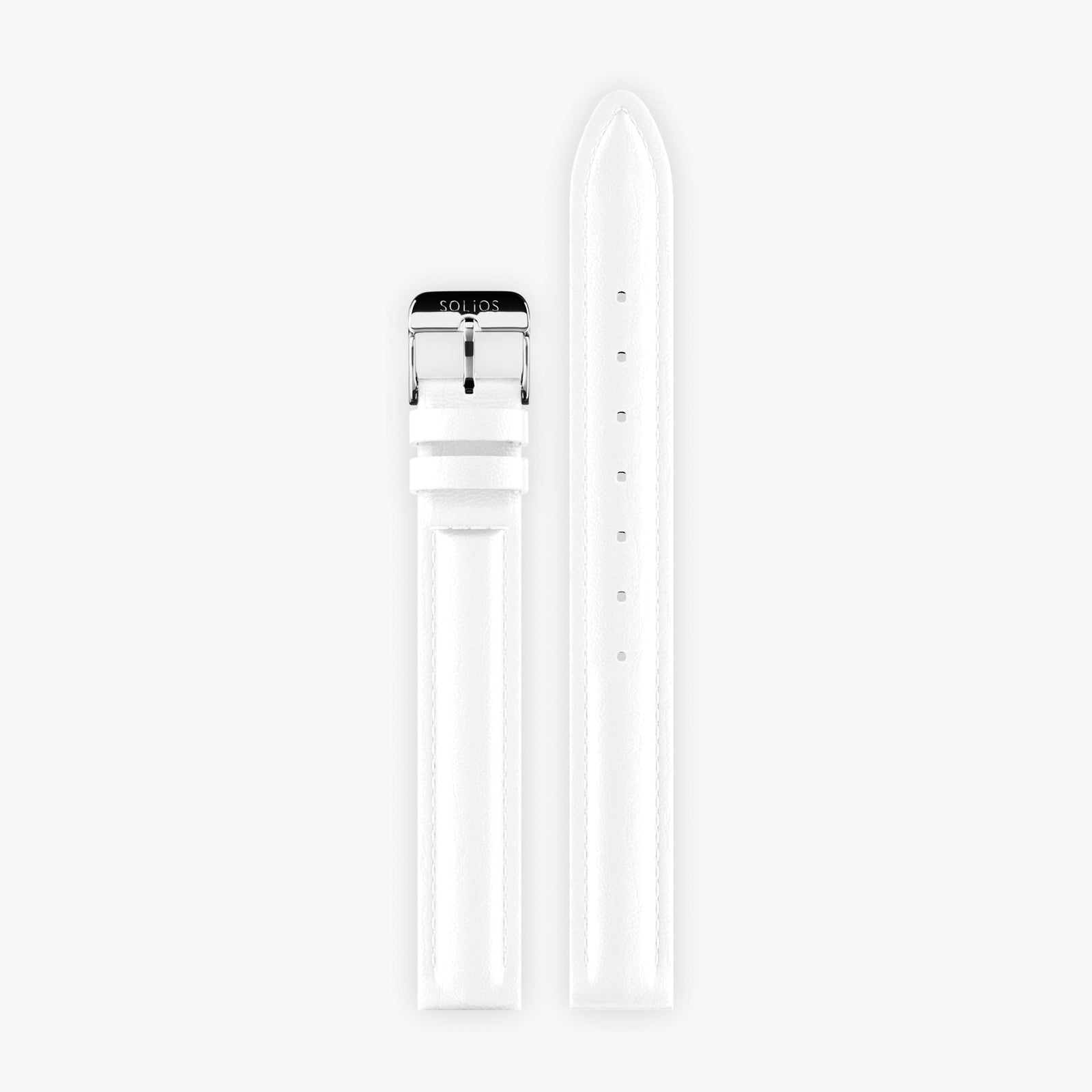 Side by side view of the two parts of the white eco vegan leather strap from Solios with a silver buckle