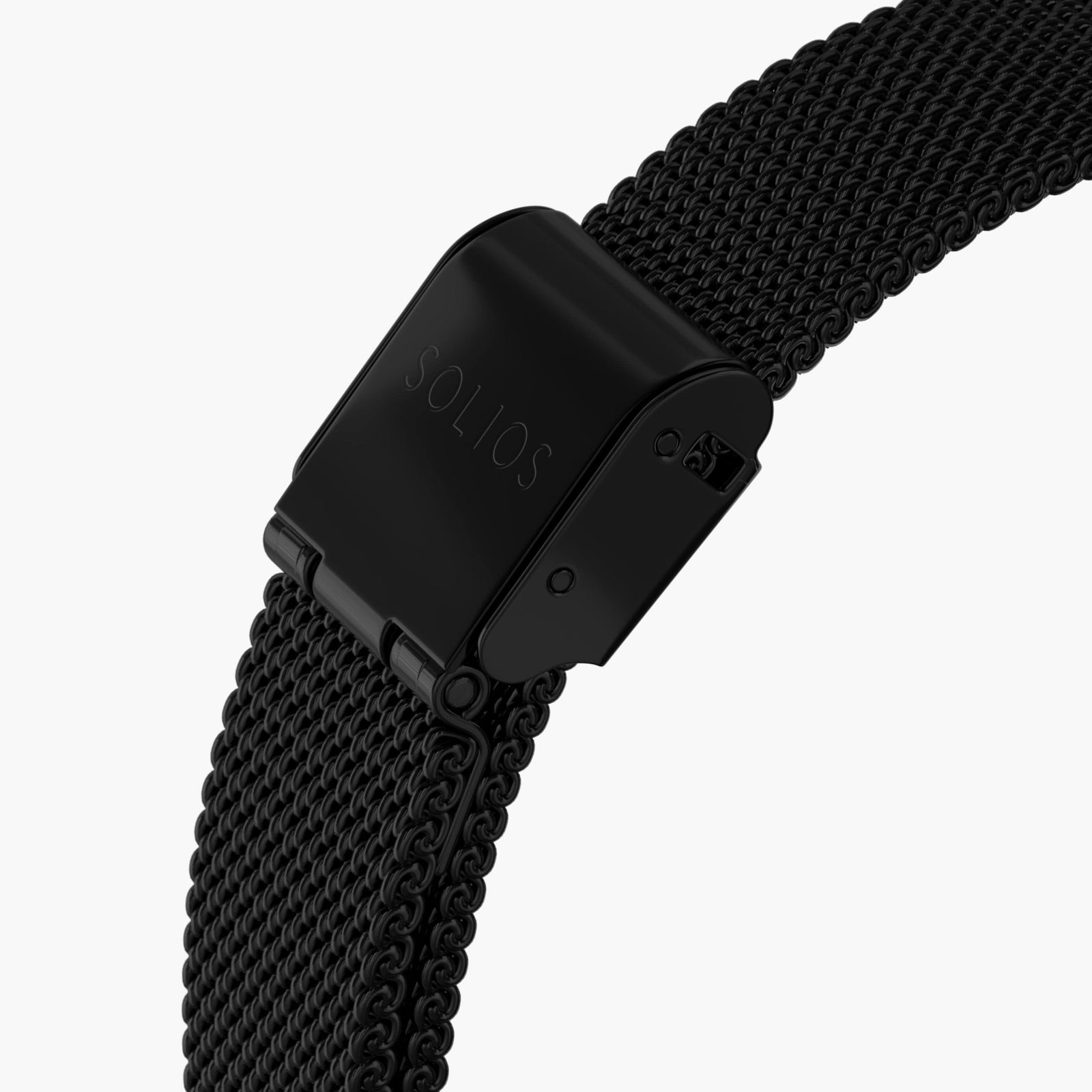 Close up view of the clasp of the mat black stainless steel mesh strap from Solios