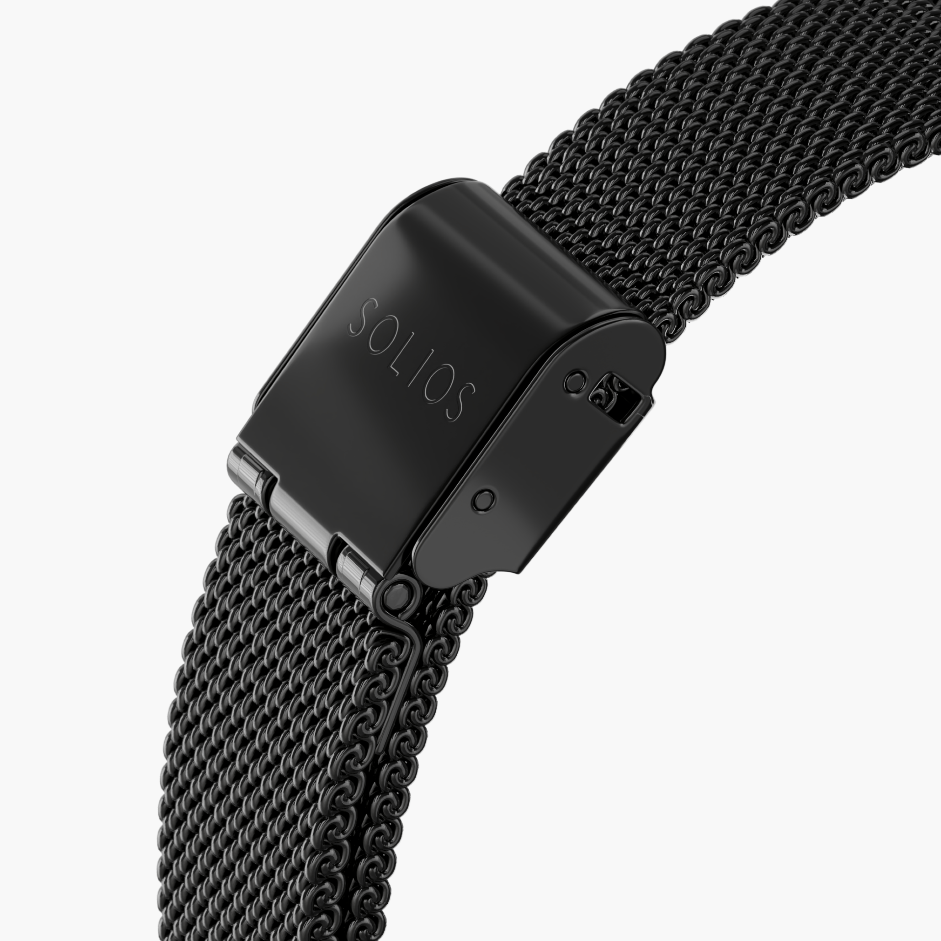 Close up image of the clasp of a black stainless steel mesh strap from Solios
