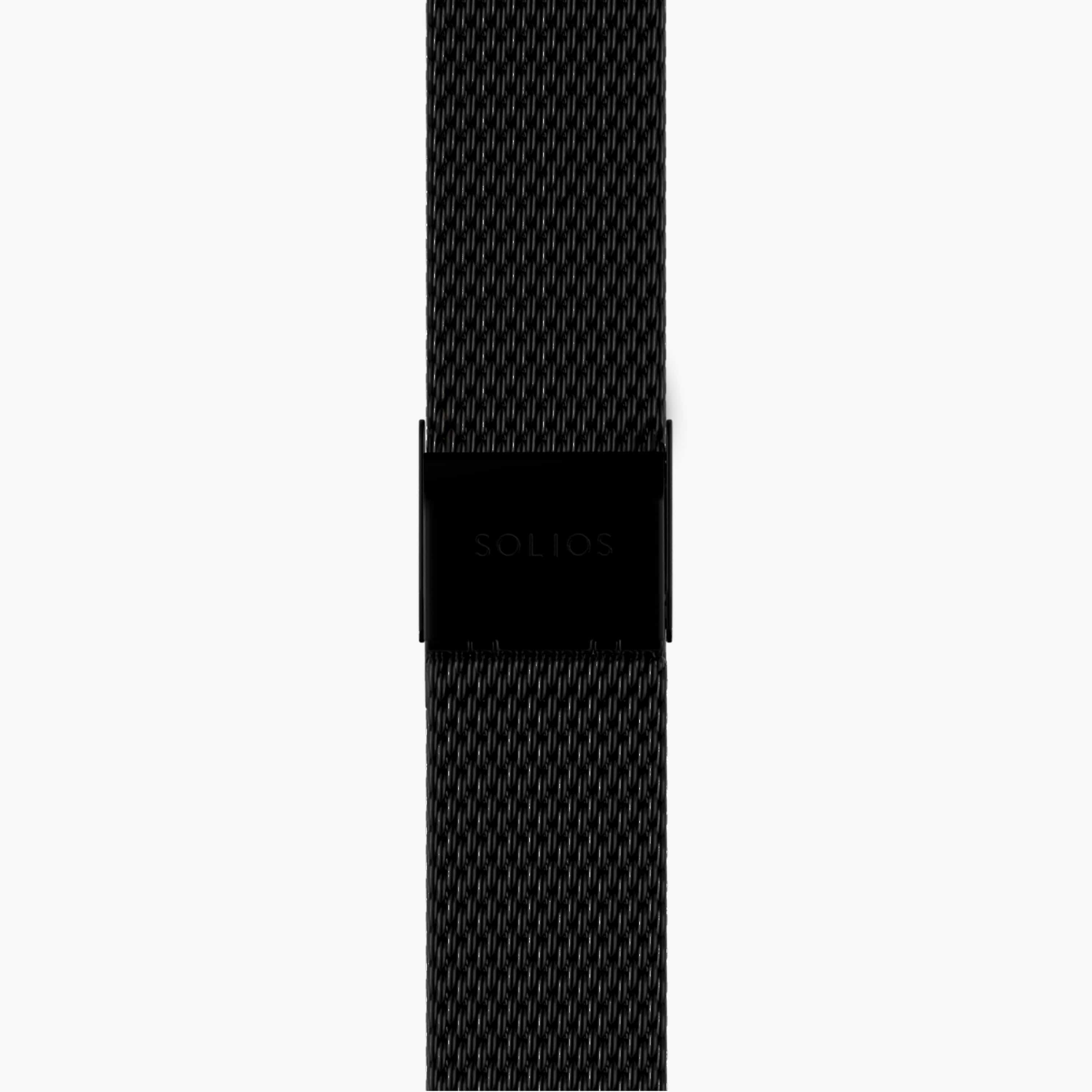 Bottom view of the clasp of the mat black stainless steel mesh strap from Solios
