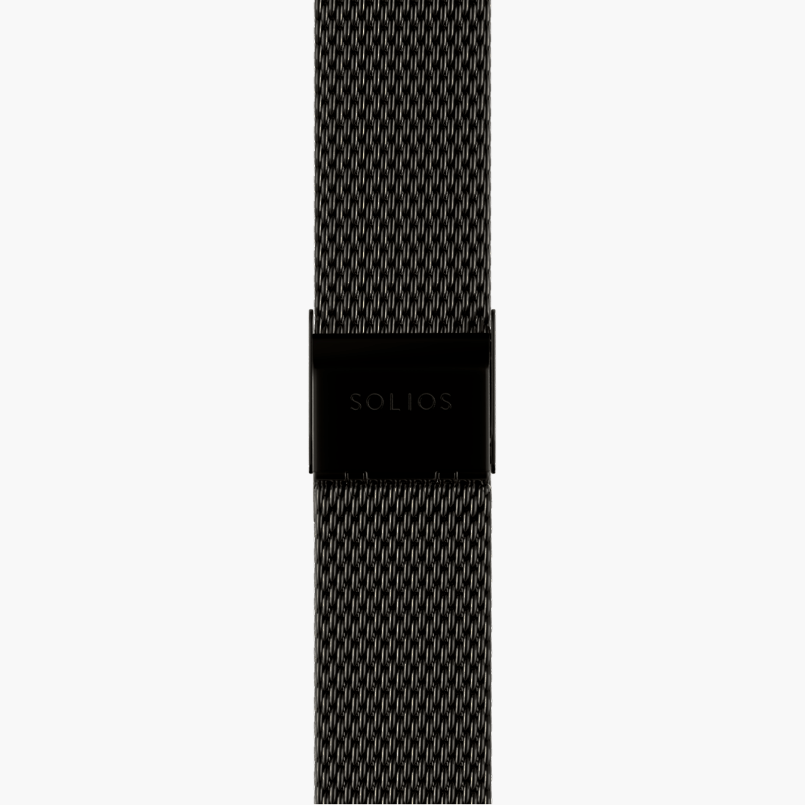 Bottom view of the clasp of a black stainless steel mesh strap from Solios