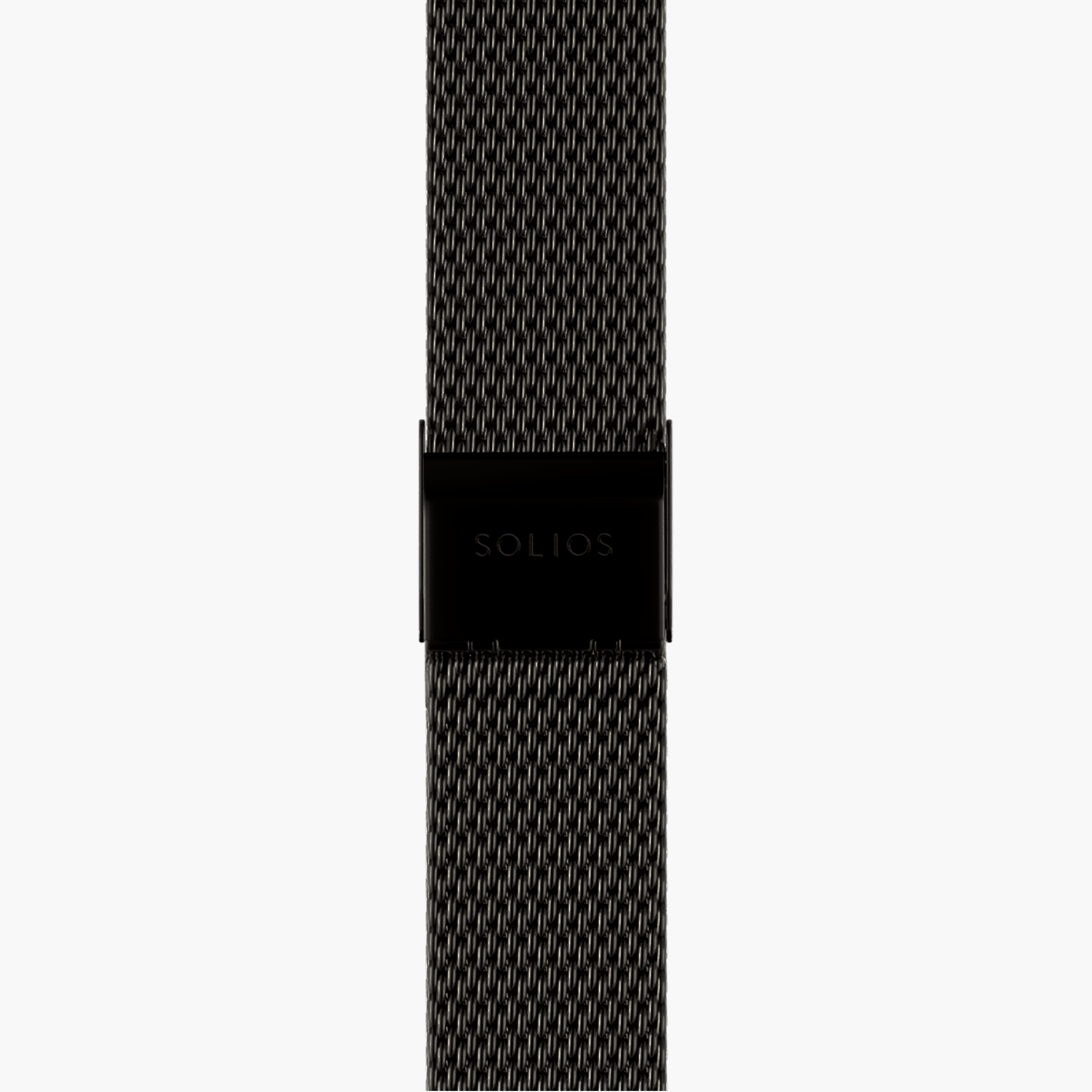 Bottom view of the clasp of a black stainless steel mesh strap from Solios