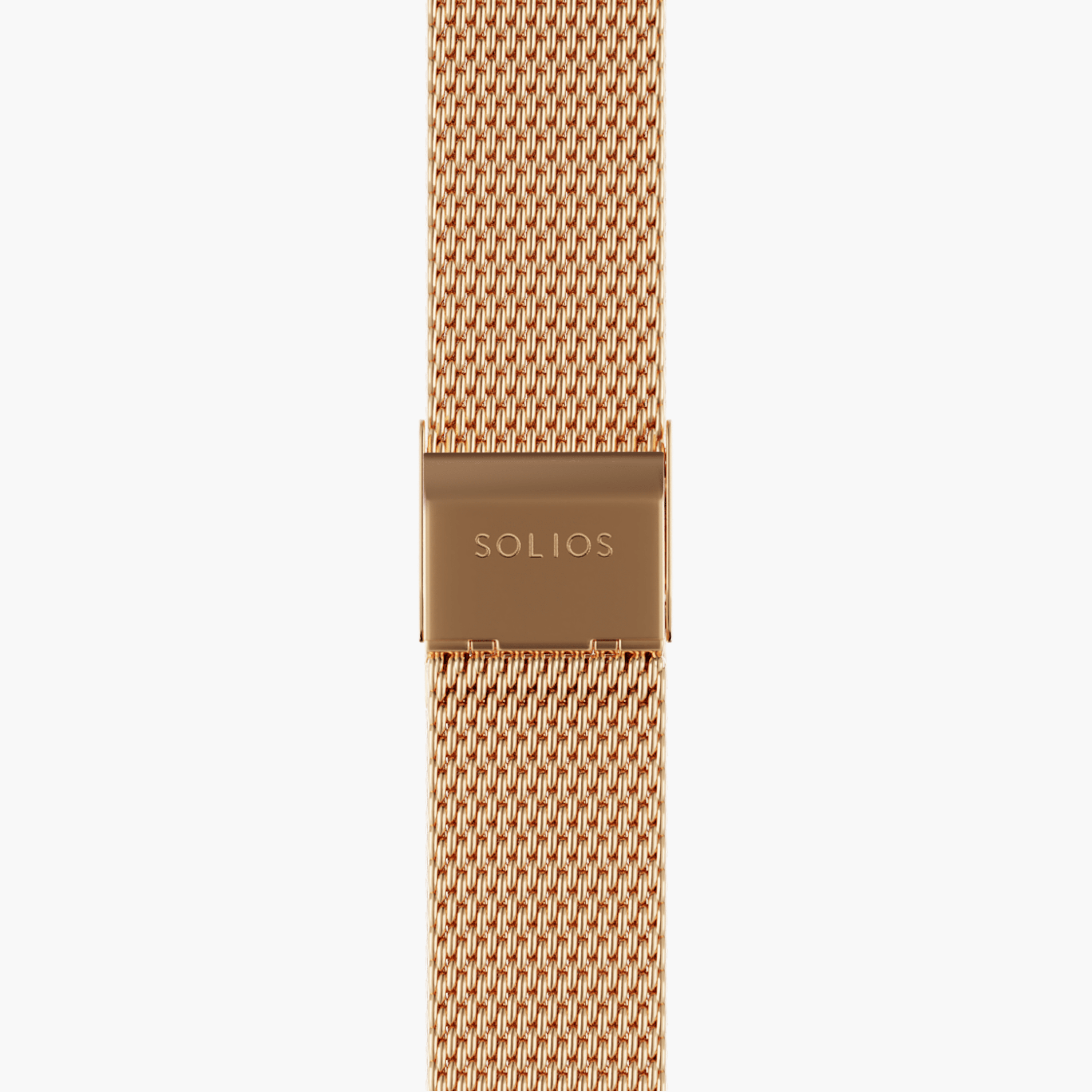 Bottom view of the clasp from the rose gold mesh strap from Solios