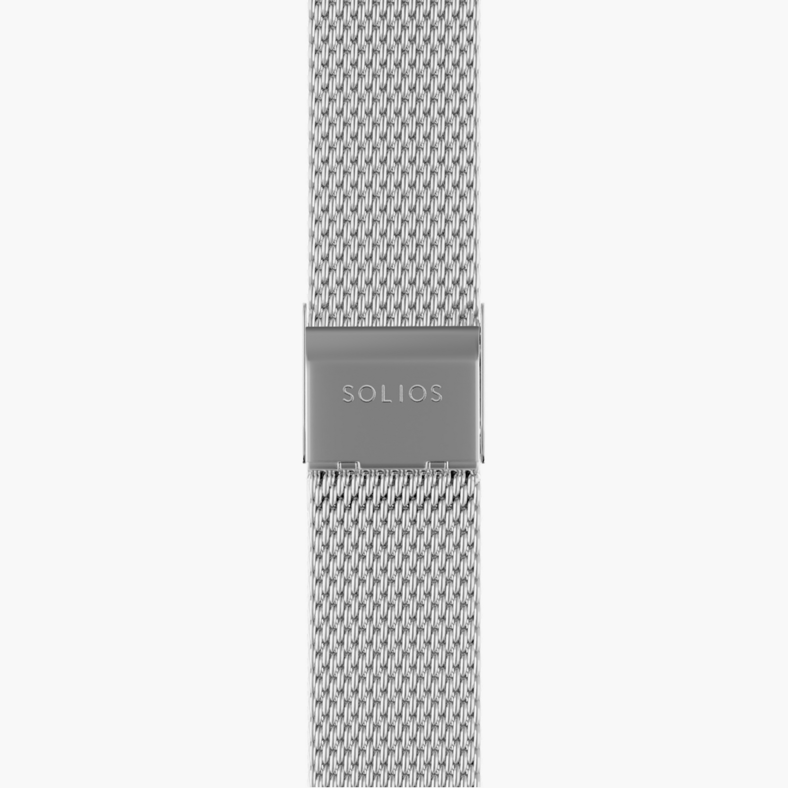 Bottom view of the clasp of the silver stainless steel mesh strap from Solios