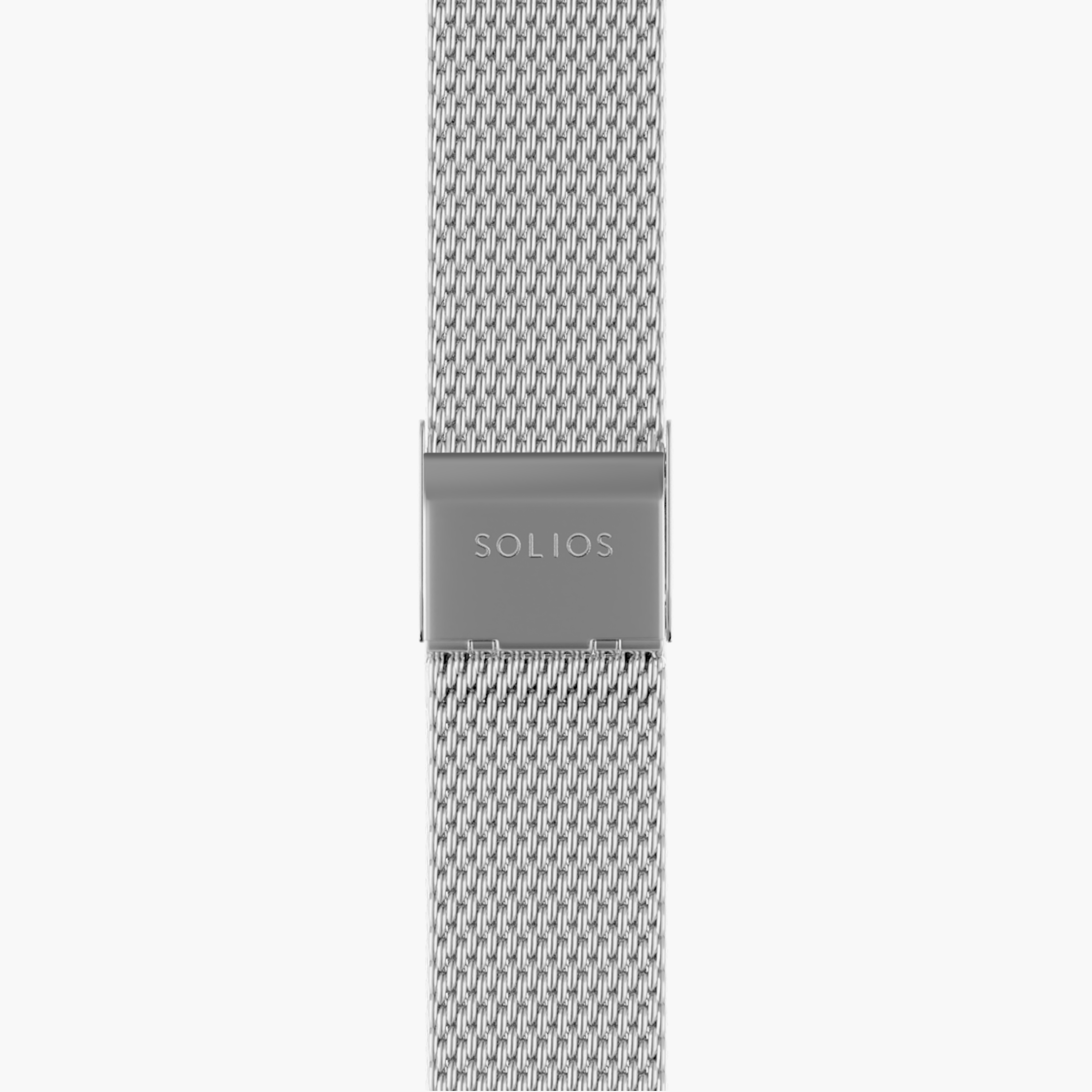 Bottom view of the clasp of the silver stainless steel mesh strap from Solios