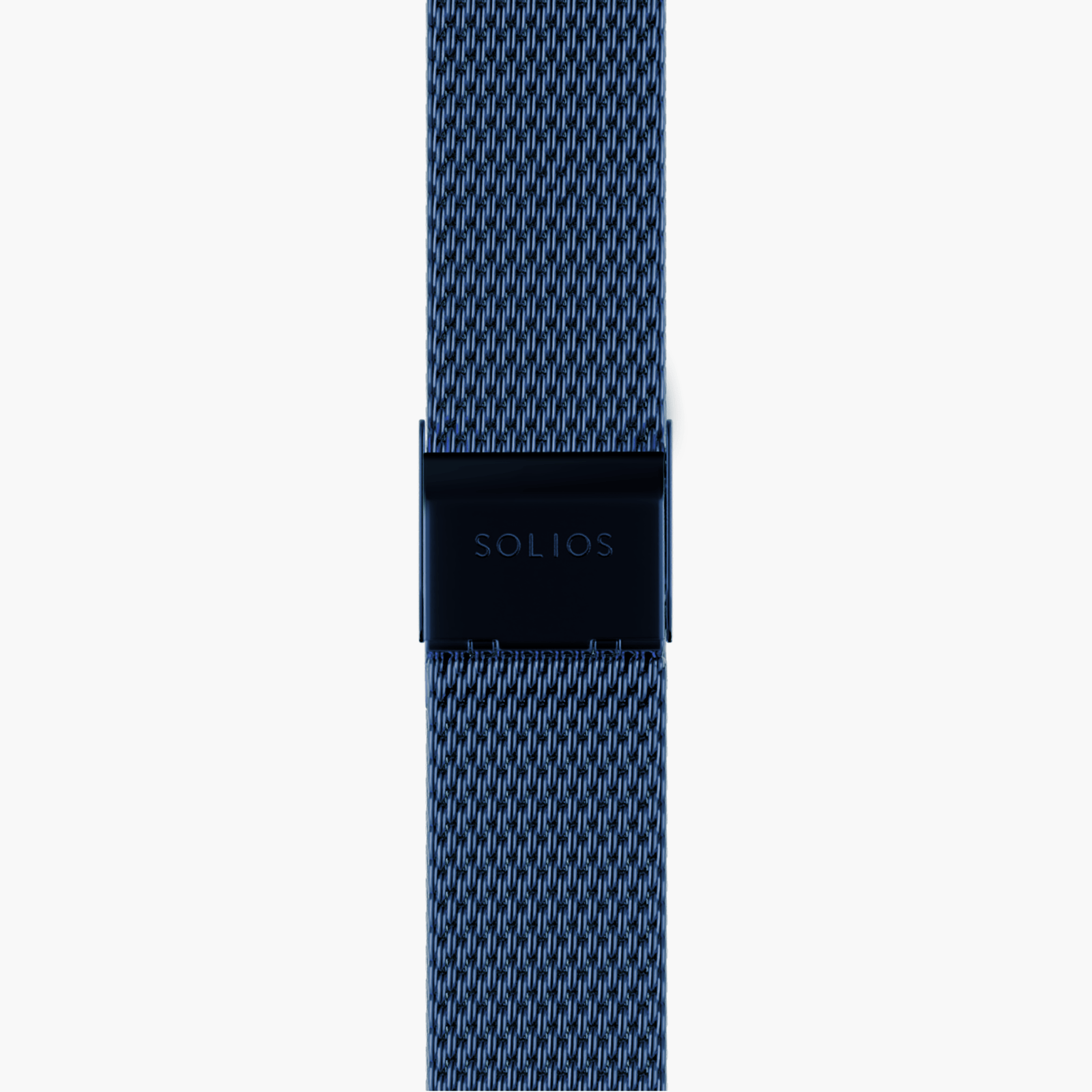 Bottom view of the clasp of the blue stainless steel mesh strap from Solios