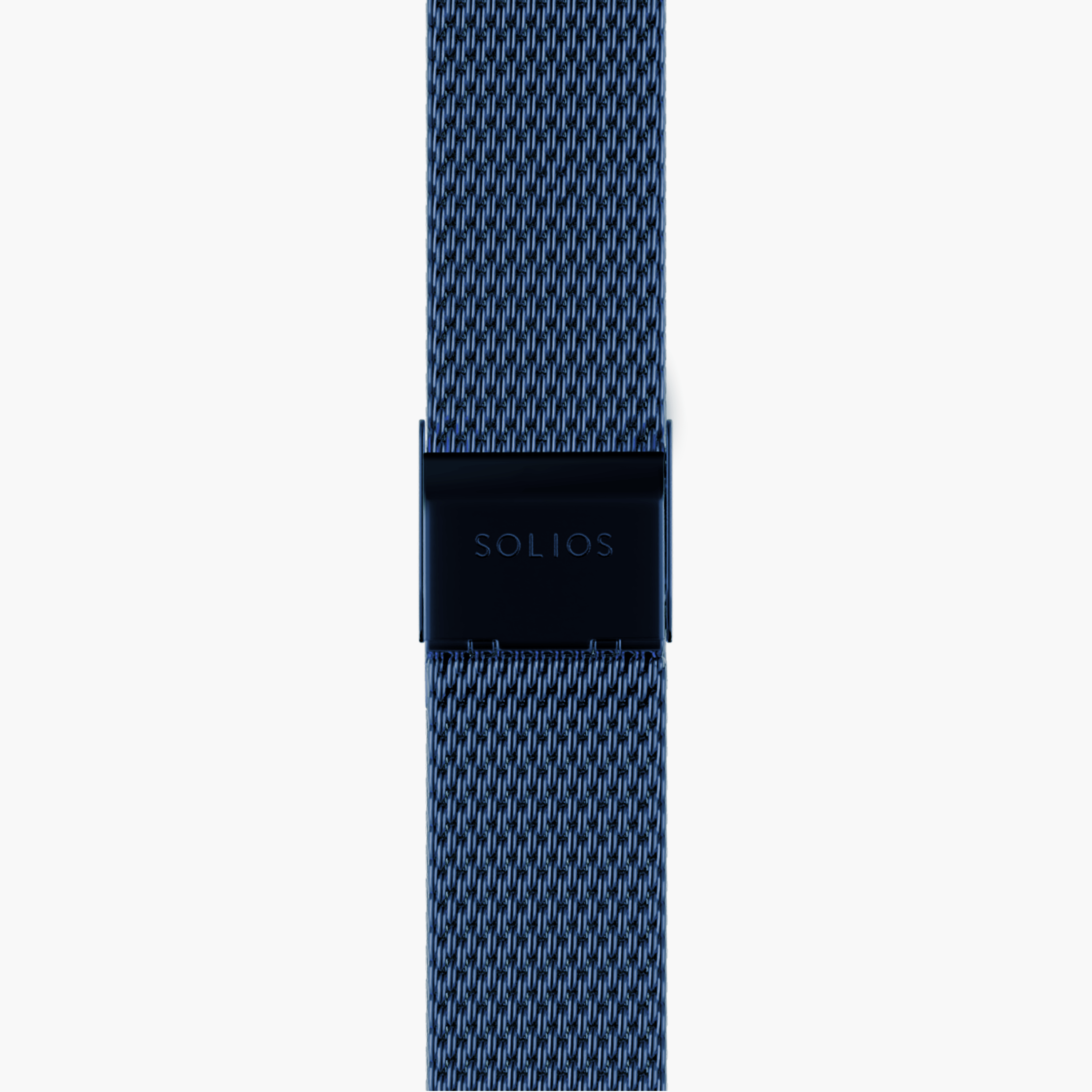 Bottom view of the clasp of the blue stainless steel mesh strap from Solios