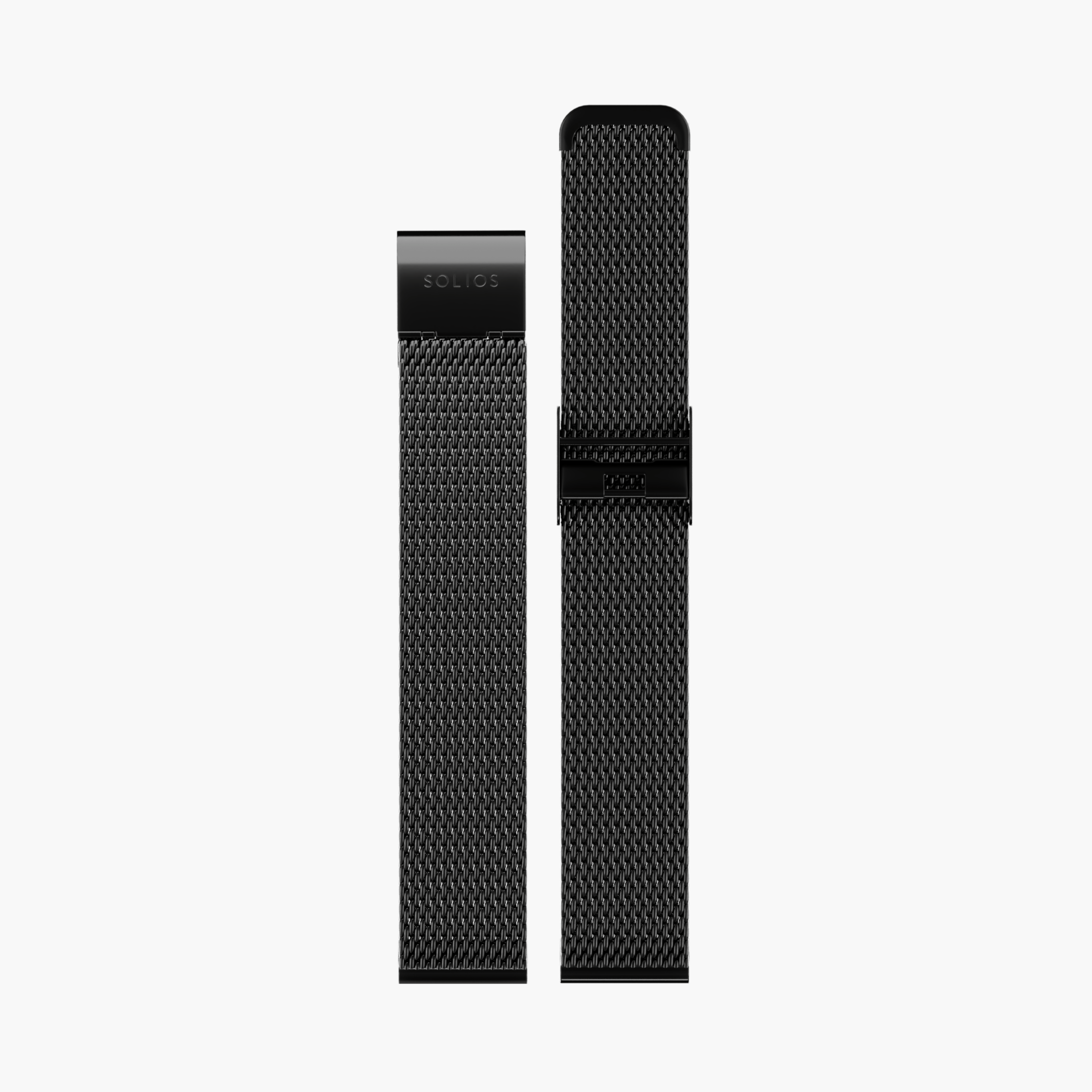 Complete view in two parts of the black stainless steel mesh strap from Solios