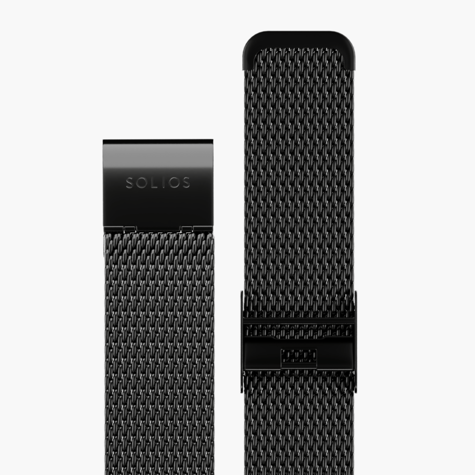 Two parts laid down flat of  a black stainless steel mesh strap from Solios
