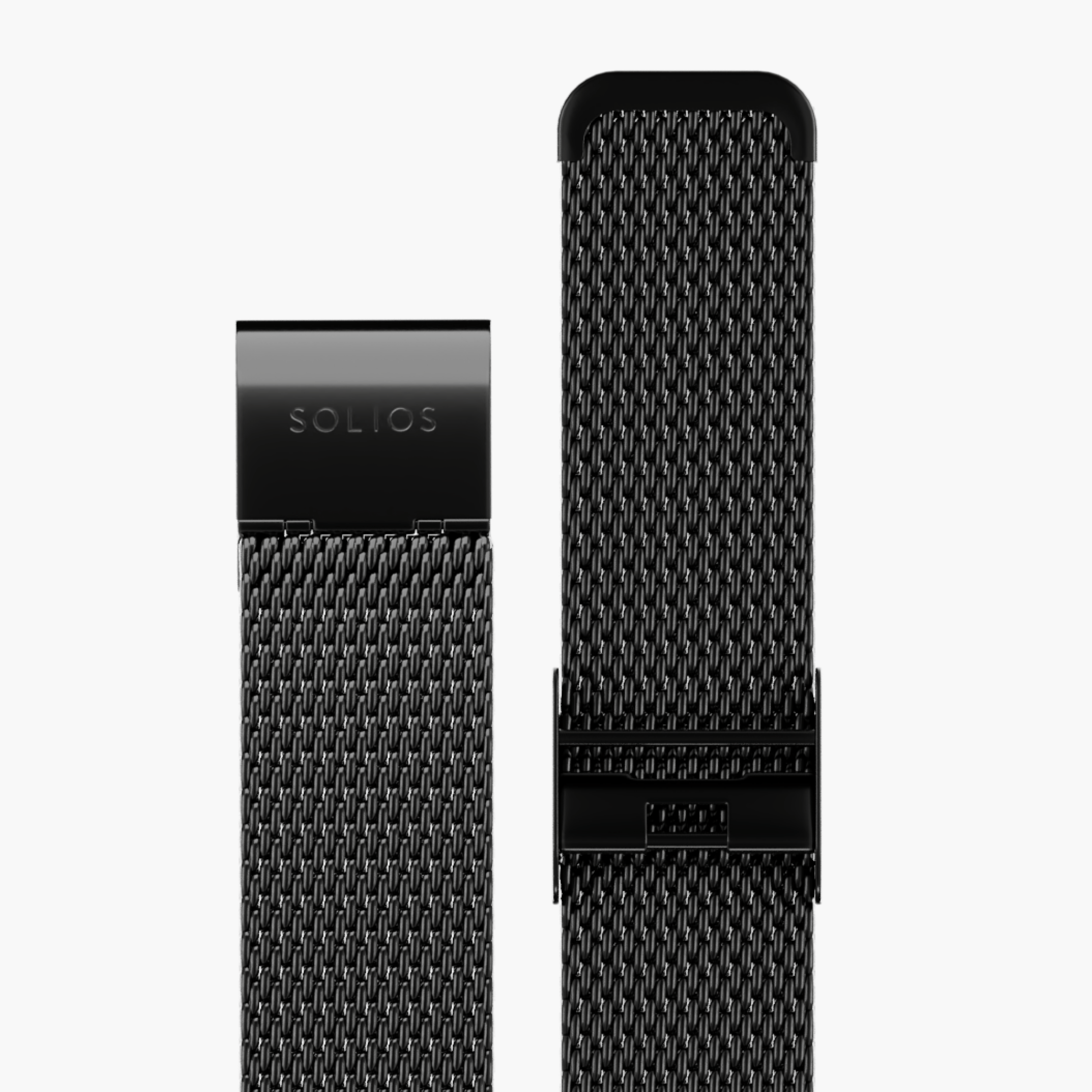 Two parts laid down flat of  a black stainless steel mesh strap from Solios