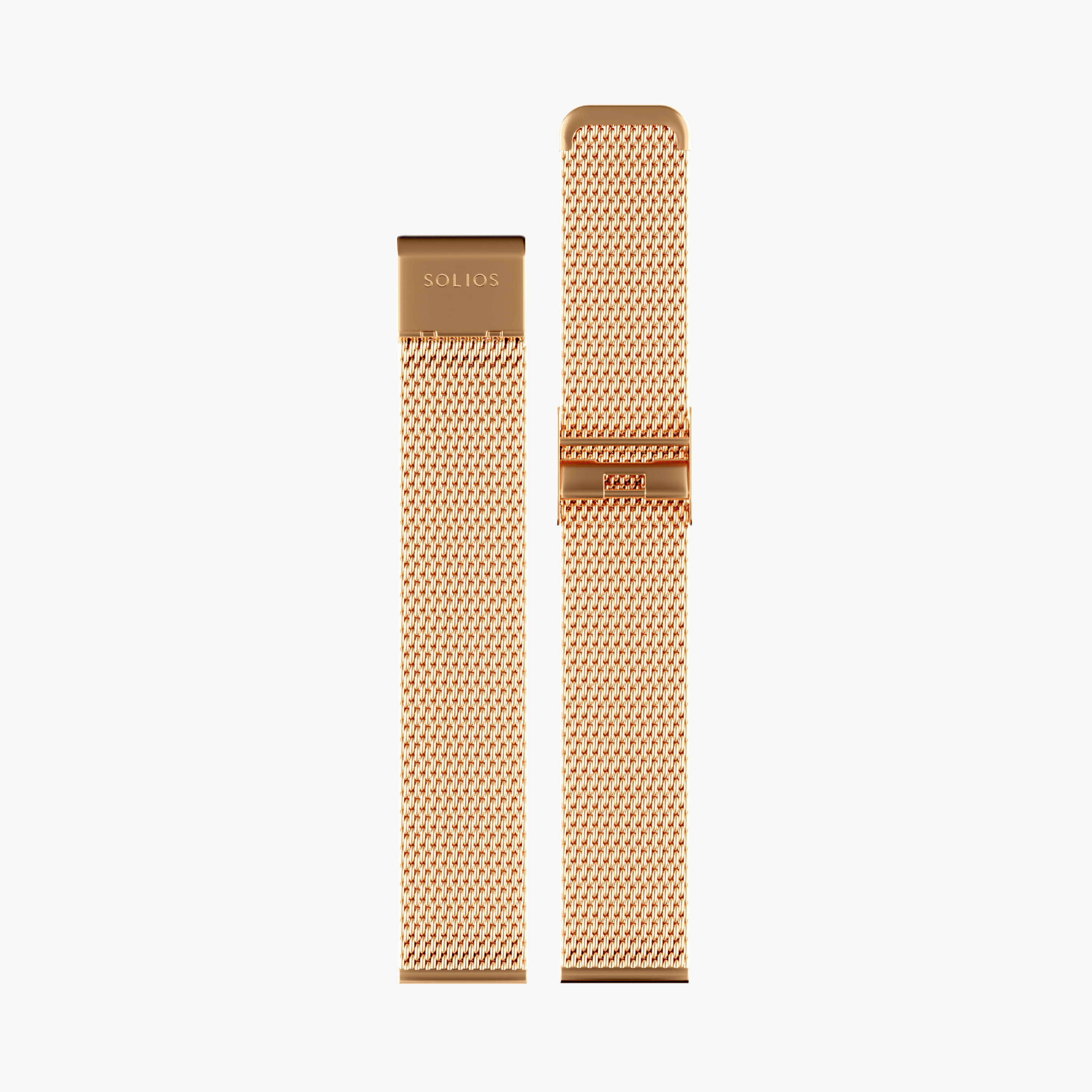 Complete two parts view of the rose gold stainless steel mesh strap from Solios