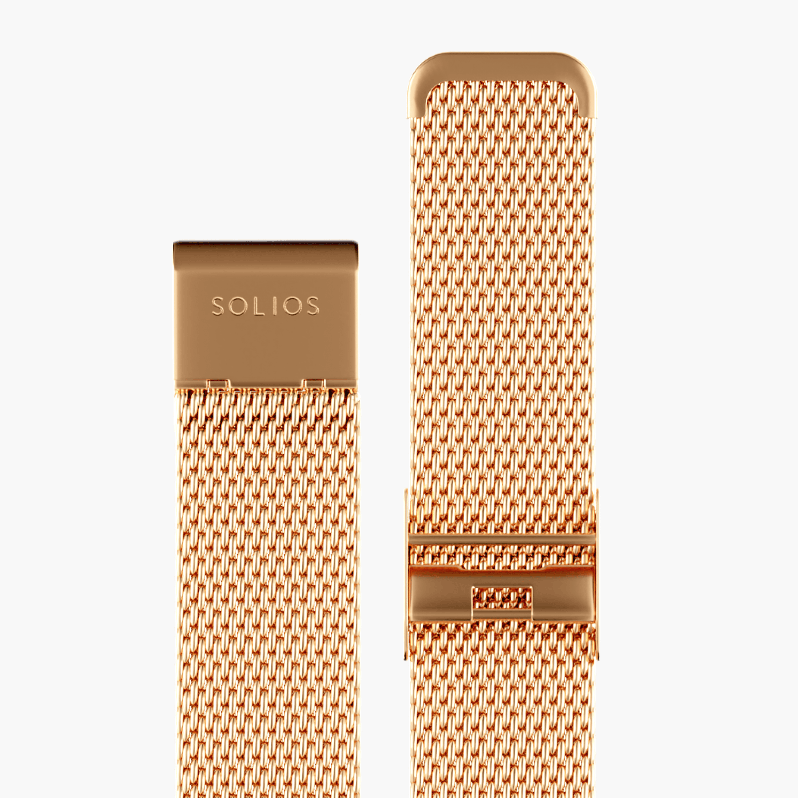 Front view in two parts of the rose gold stainless steel mesh strap from Solios