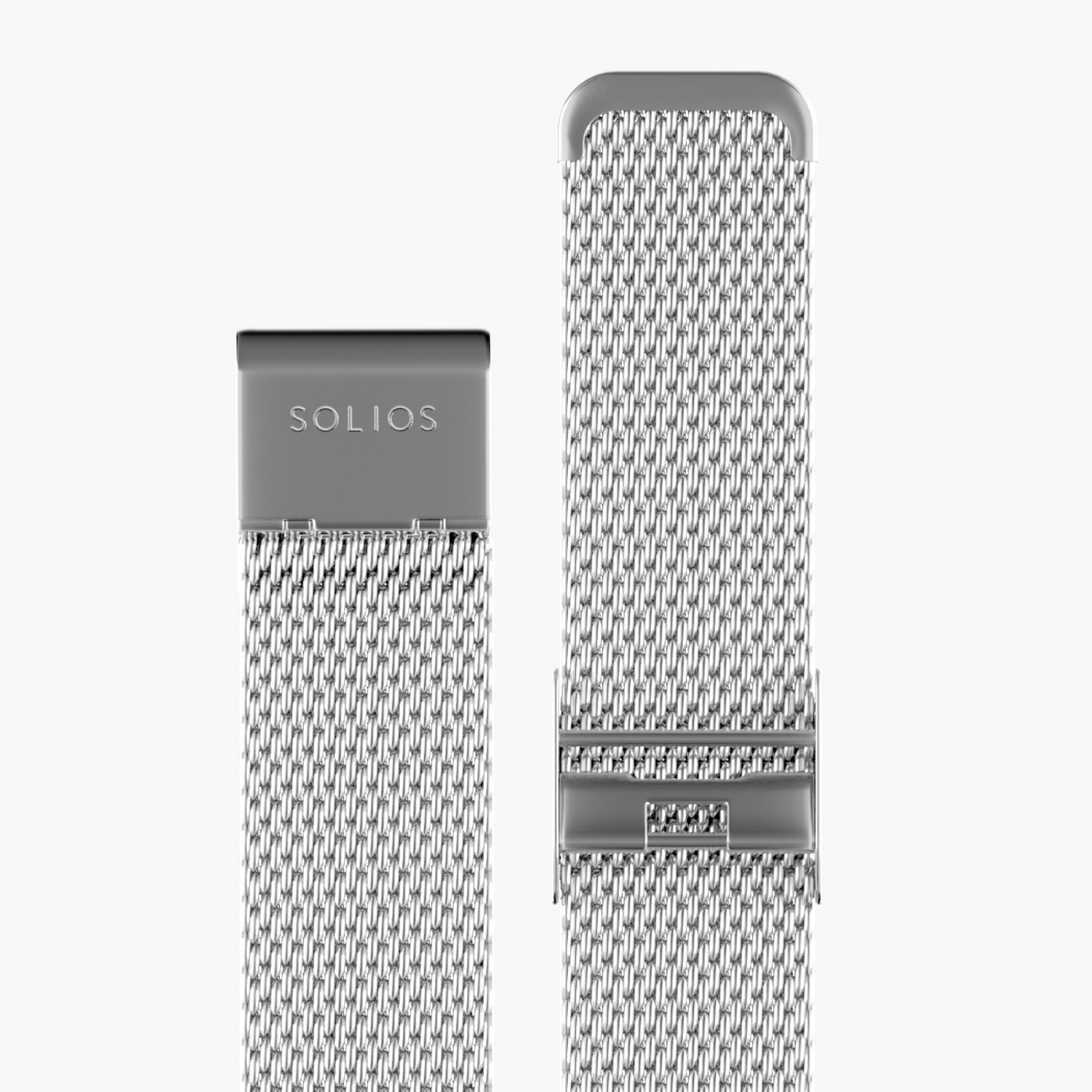 View in 2 parts of the silver stainless steel mesh watch strap from Solios