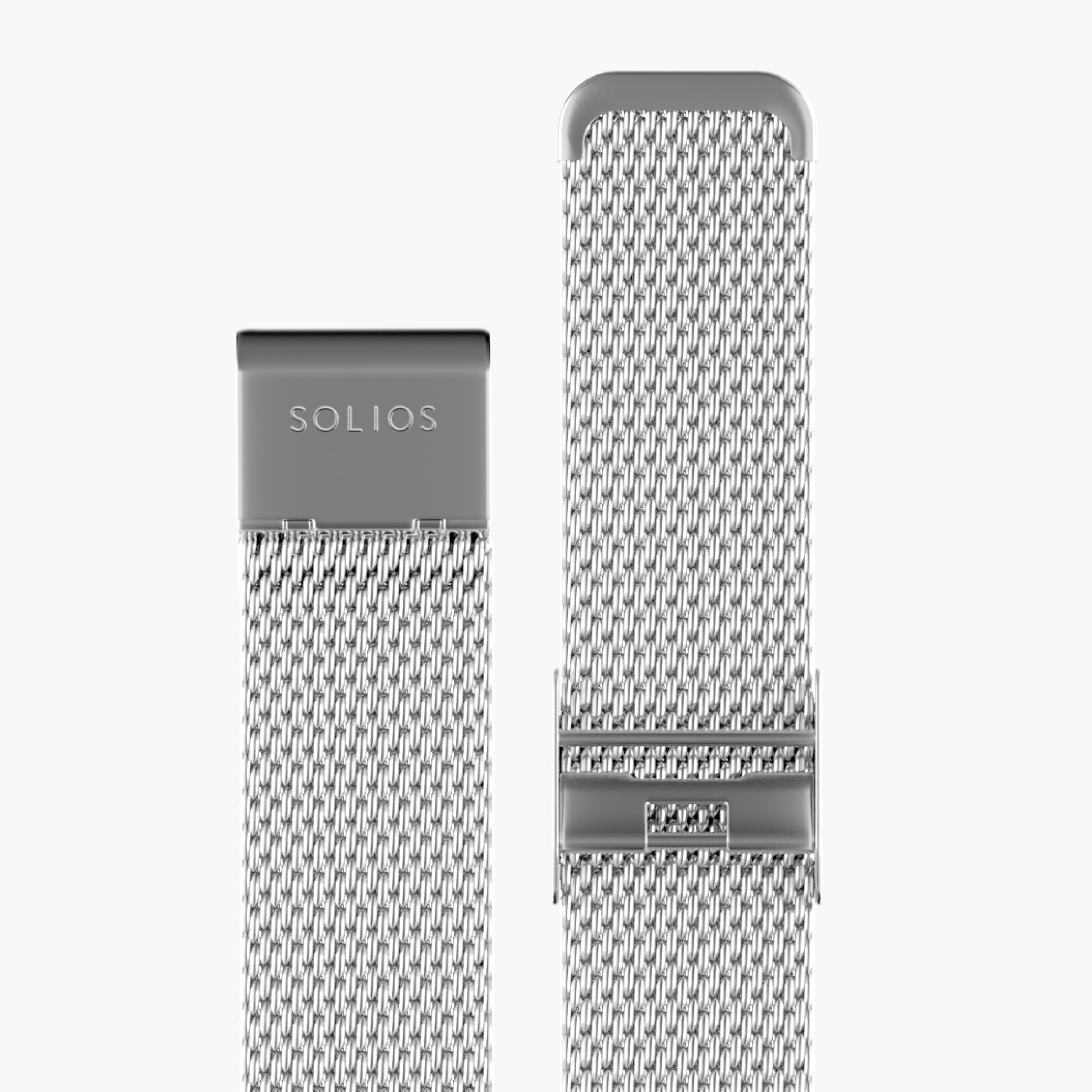 View in 2 parts of the silver stainless steel mesh watch strap from Solios