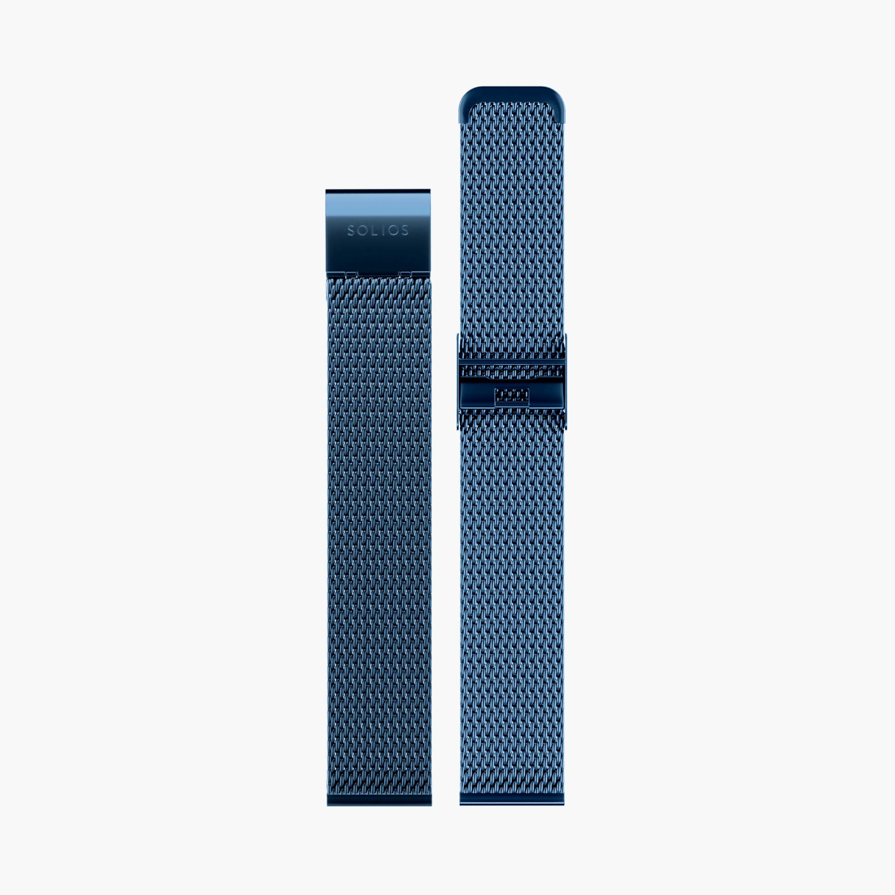 Complete view of the two parts of the blue stainless steel mesh strap from Solios