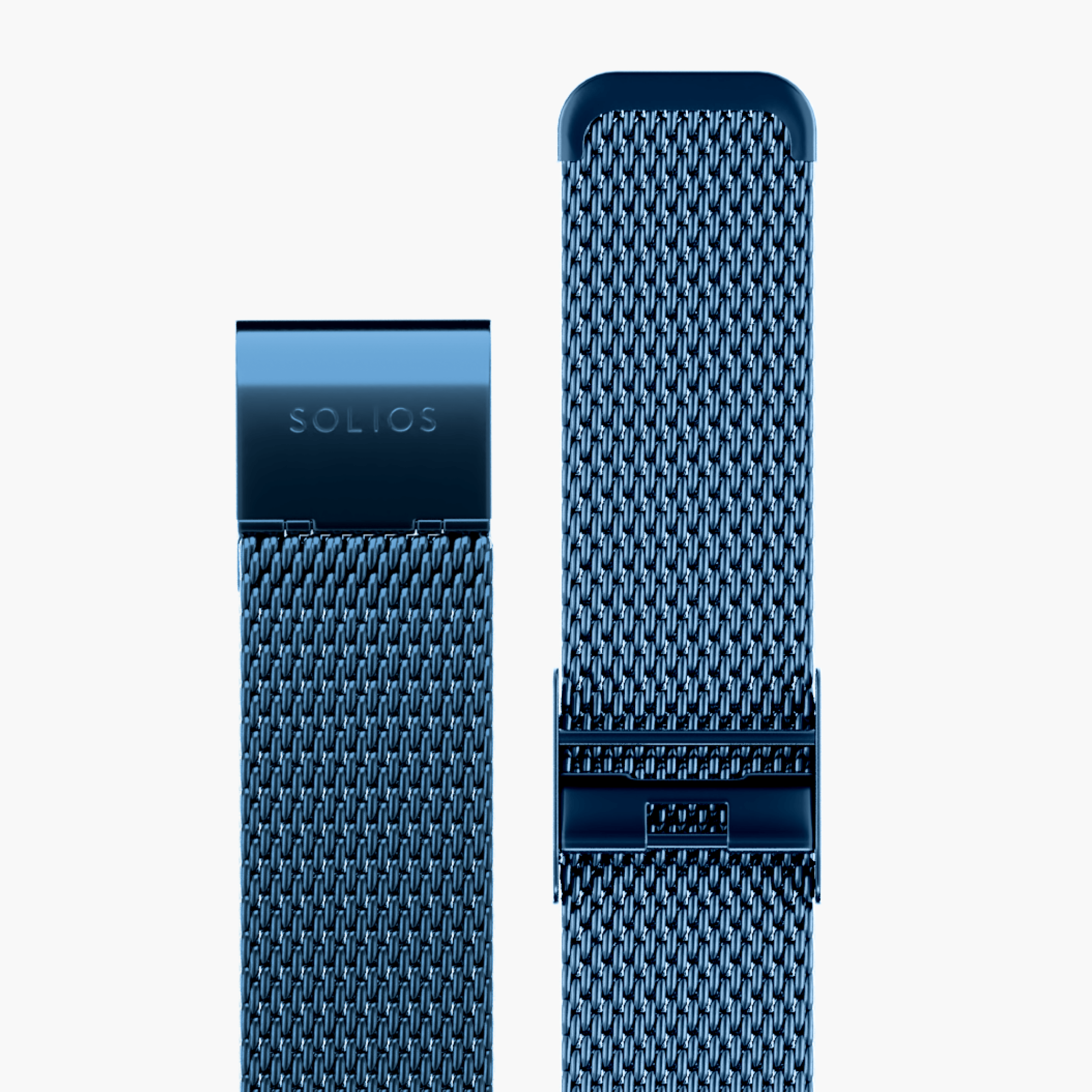 Close up view of two parts of the blue stainless steel mesh strap from Solios