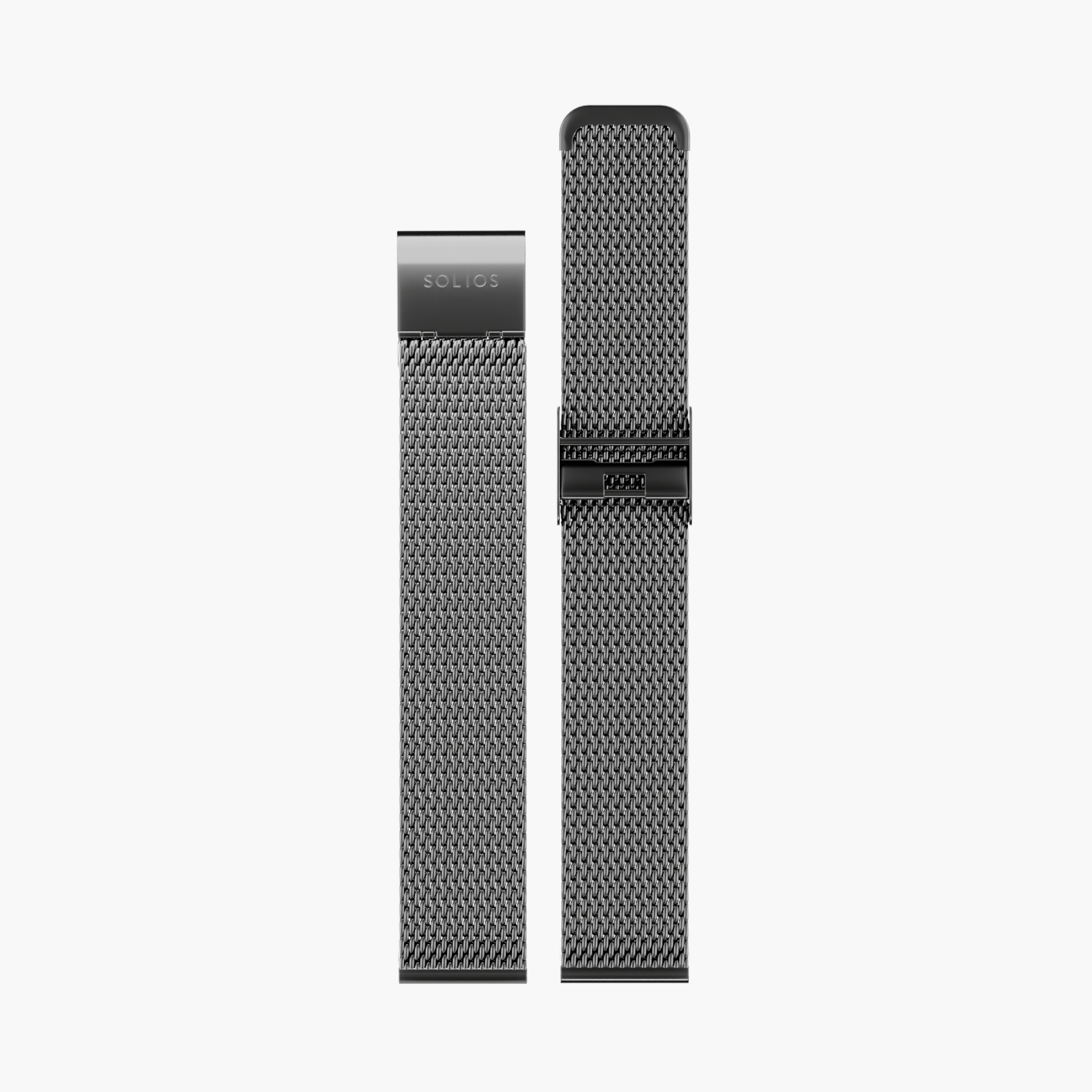 Complete view in two parts of the grey stainless steel mesh strap from Solios