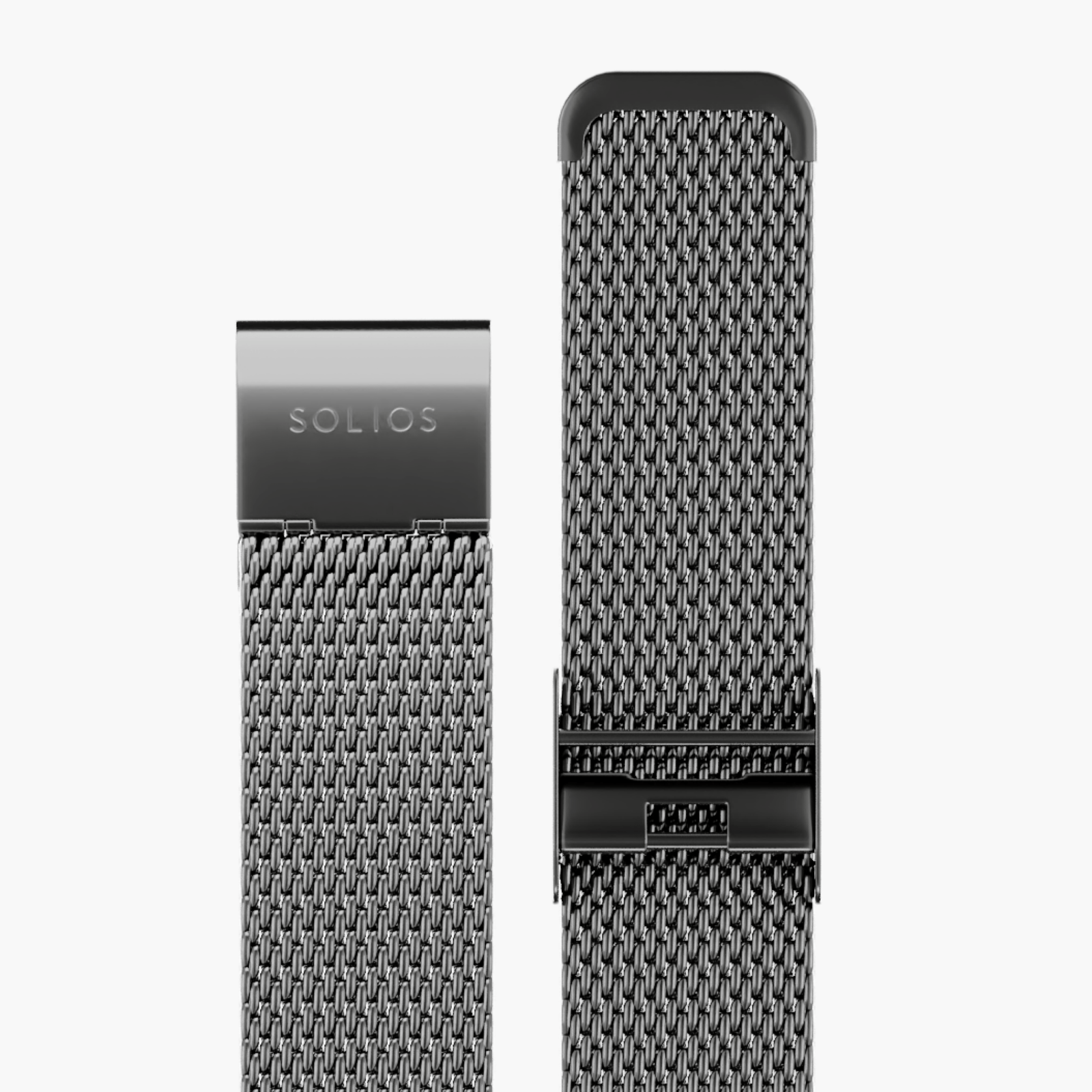 Close up view of two parts of the grey stainless steel mesh strap from Solios