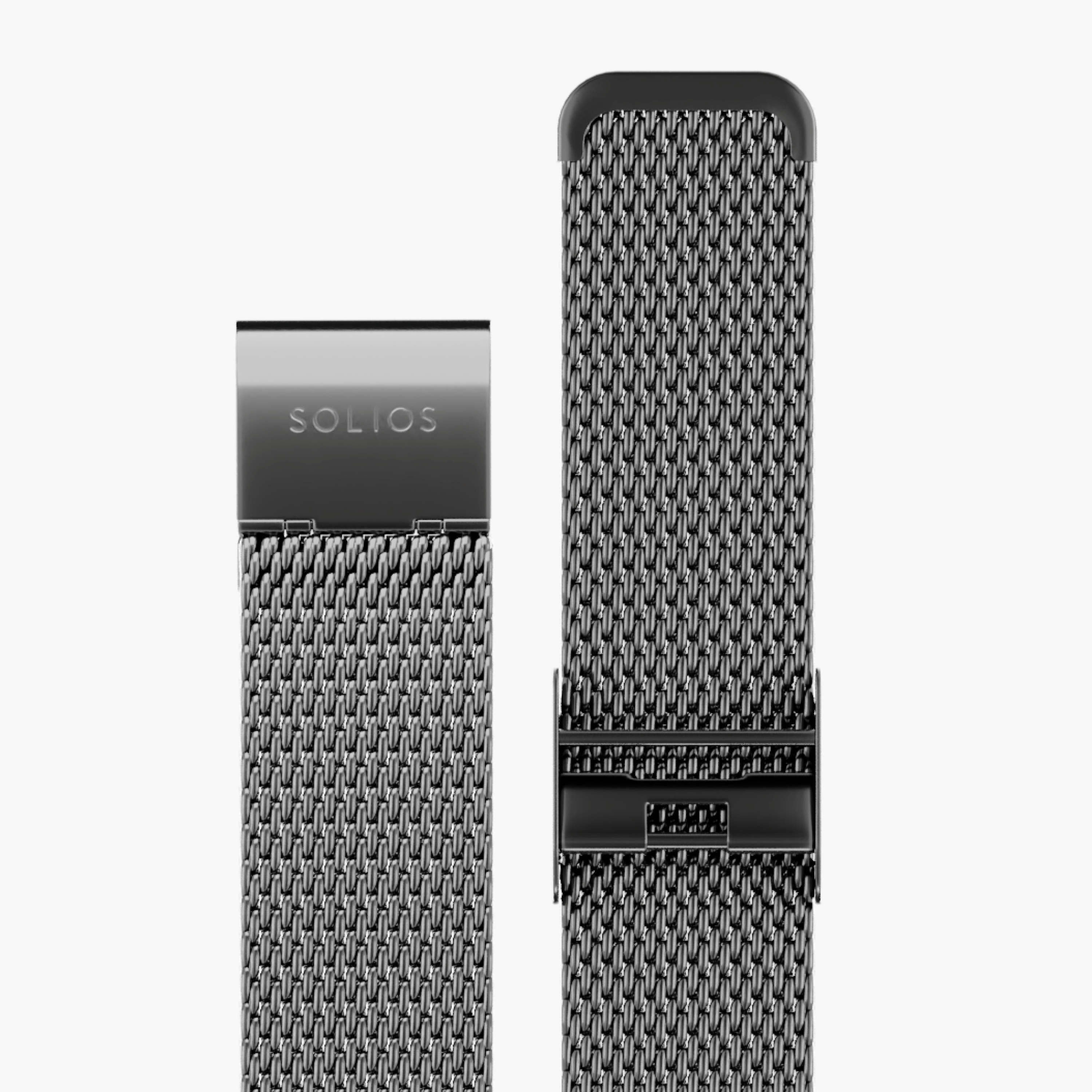 Close up view of two parts of the grey stainless steel mesh strap from Solios
