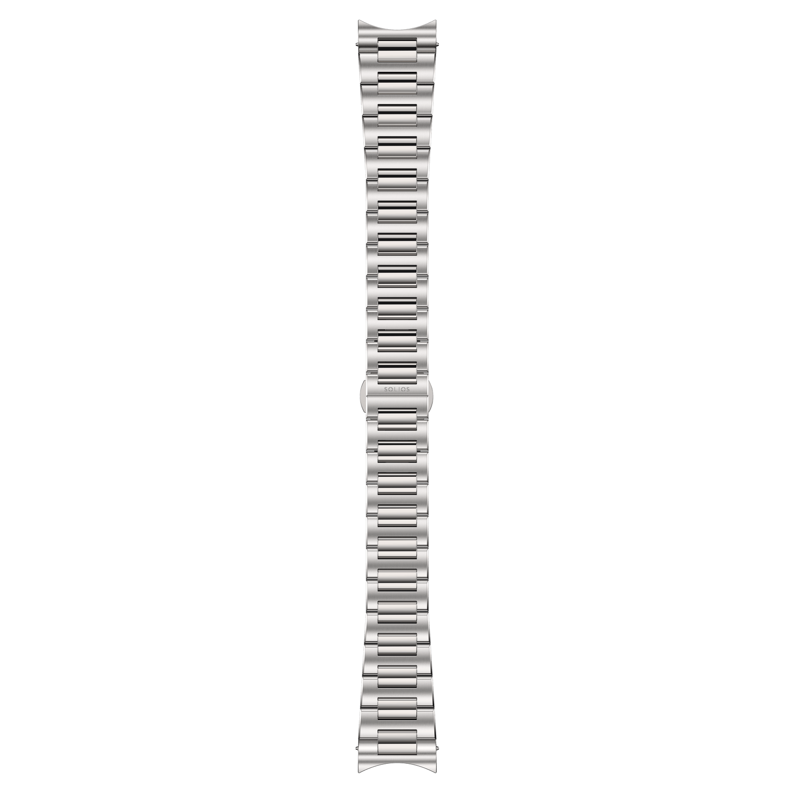 Complete view of a silver stainless steel metal bracelet from Solios solar watches.