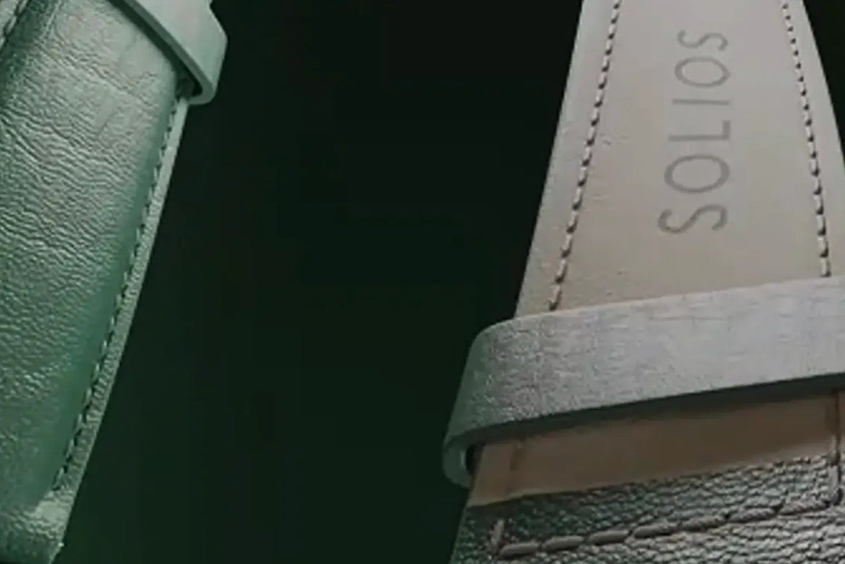 Close-up of a Solios green vegan leather strap, silicone-based with no animal leather, no trace of PU or PVC, no solvents.
